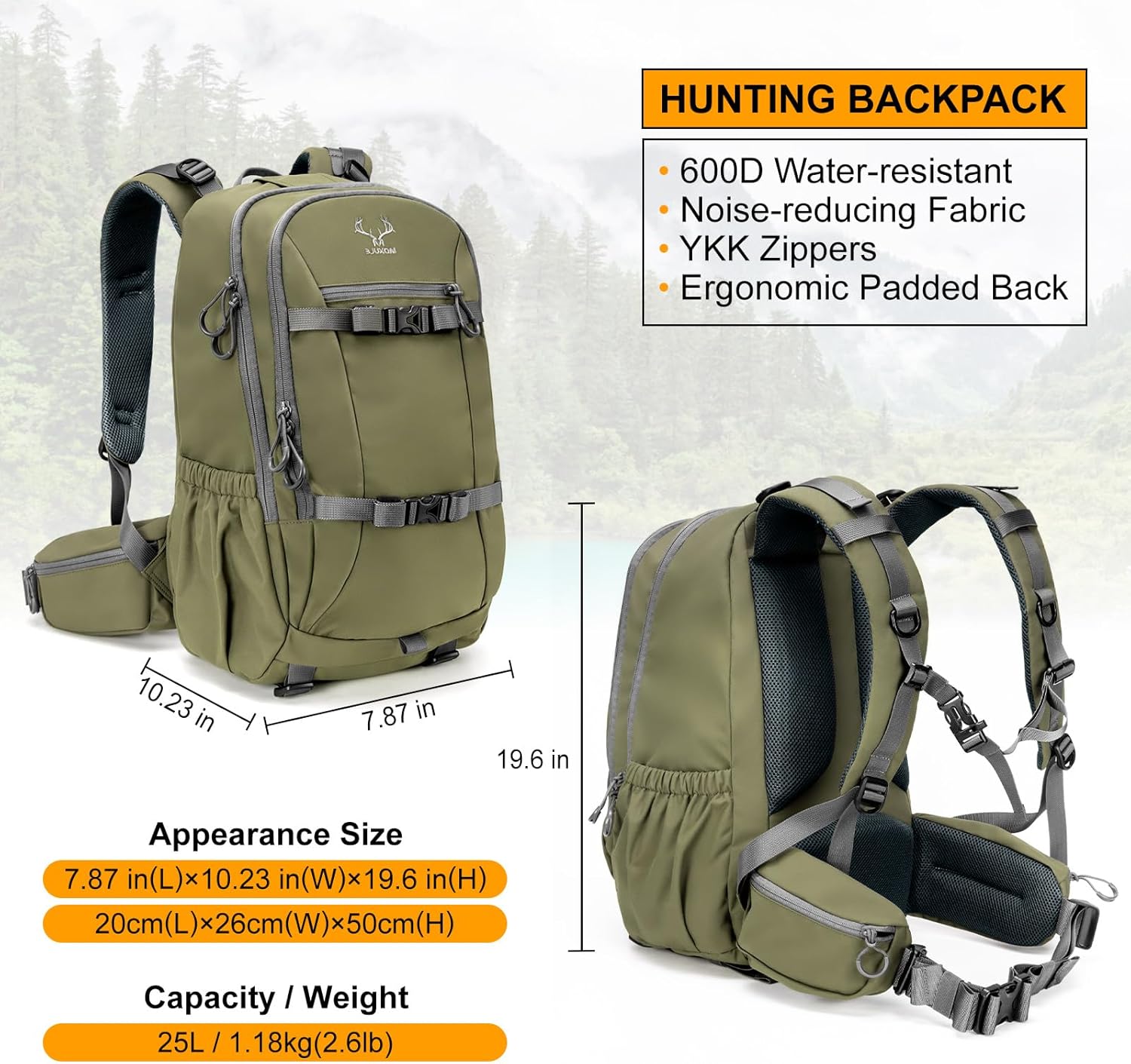 Hunting Backpack Waterproof Pack: 25L Hunting Gear with Rain Cover,Hunting Day Pack with Rifle Bow Gun Holder (Green) - Image 2