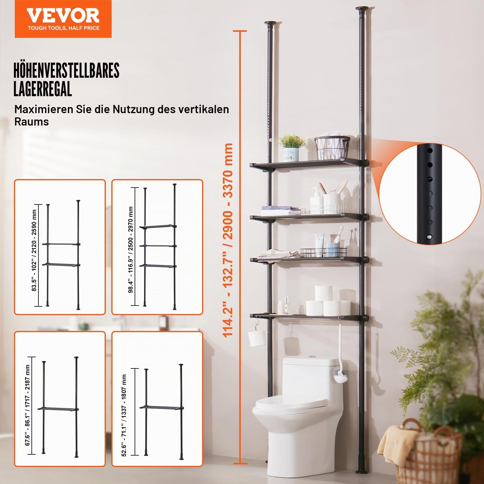 VEVOR Aufbewahrung über der Toilette, 4-stufiger Verstellbarer Badezimmer-Organizer über der Toilette, kohlenstoffarmer Stahl, 135–332 cm hohes Lagerregal, einfach zu montierender Wäscheplatzsparer