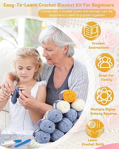 Vista 25 de Coopay Kit de iniciación de ganchillo para principiantes, manta de cuadros de abuela con instrucciones y suficiente hilo (verde aguamarina)