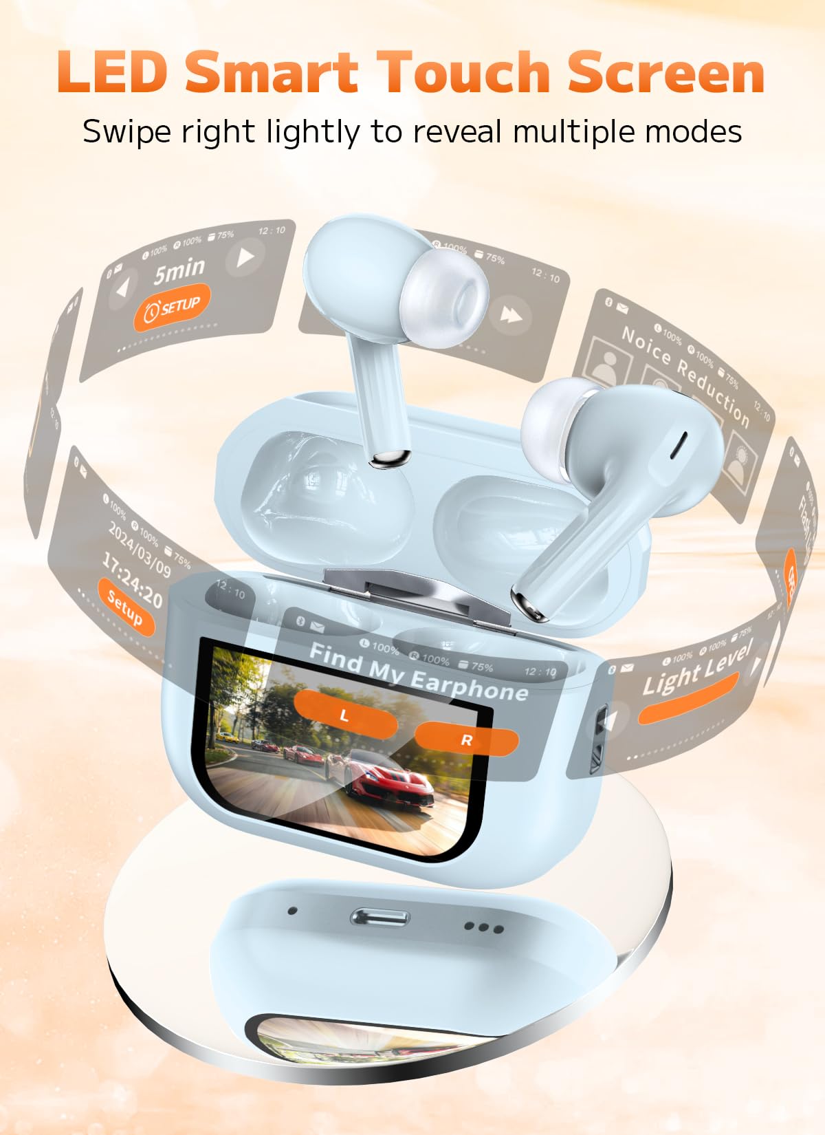 Szwdo Wireless Earbuds, Bluetooth Earbuds 5.4 Headphones LED Touch Screen with 5 EQ Modes, 48H Headphones Wireless Noise with ANC Noise Cancelling, Deep Bass Stereo for Laptop, Android/iOS, Pad