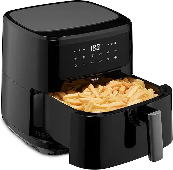 MEDION P10 XL Duo Heißluftfritteuse MD11750 (6,8 Liter XXL, Airfryer, 2.150 Watt, zwei Heizelemente aus Edelstahl, Schüttel Alarm, 9 Automatikprogramme, Touch Bedienfeld, LED Anzeige)