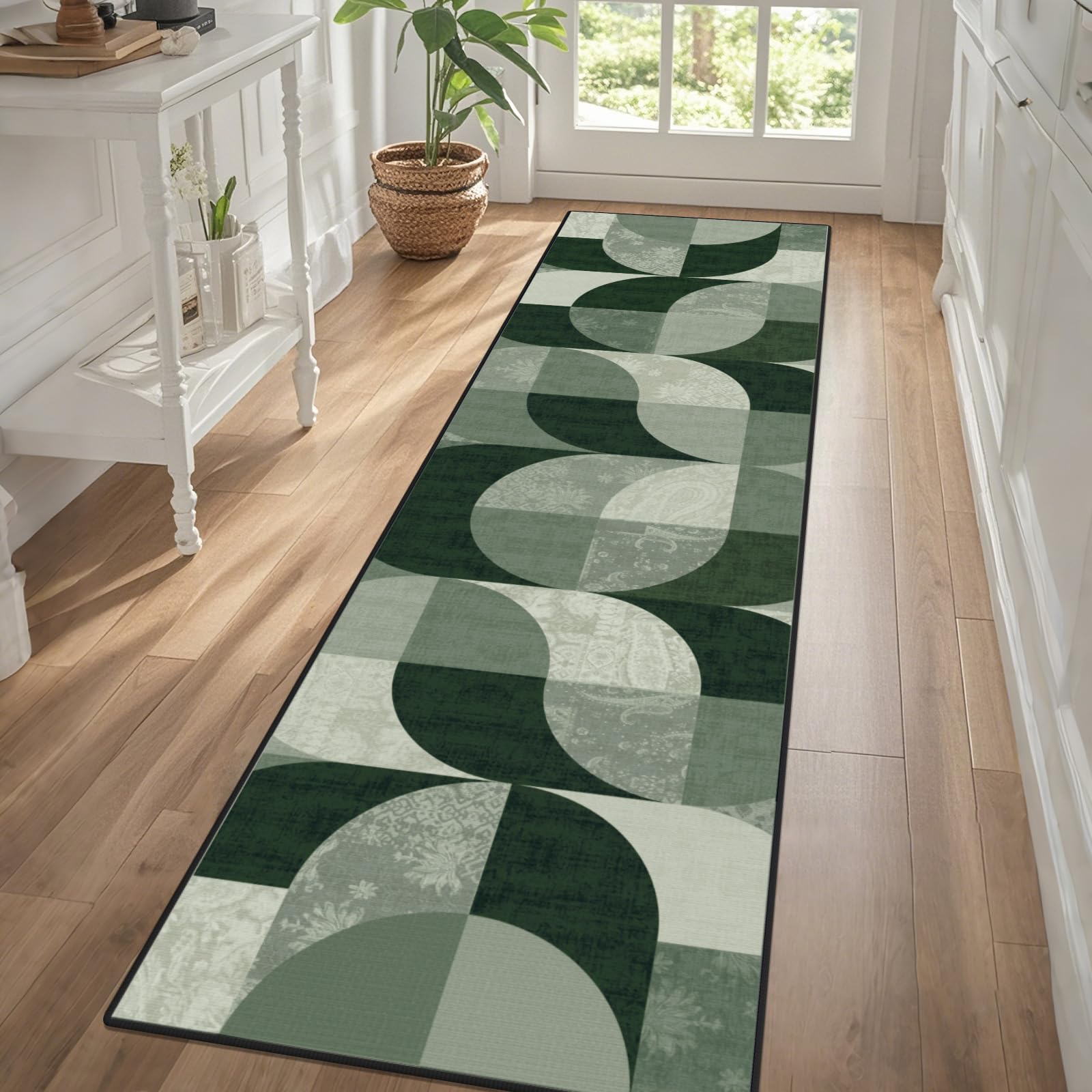 TUKDAK Boho Runner Rugs for Hallway 60×240 cm, Green Checkered Extra Long Hall Runners Non Slip, Washable Kitchen Mat for Hallway Bedroom Laundry Room Kitchen Non Shedding