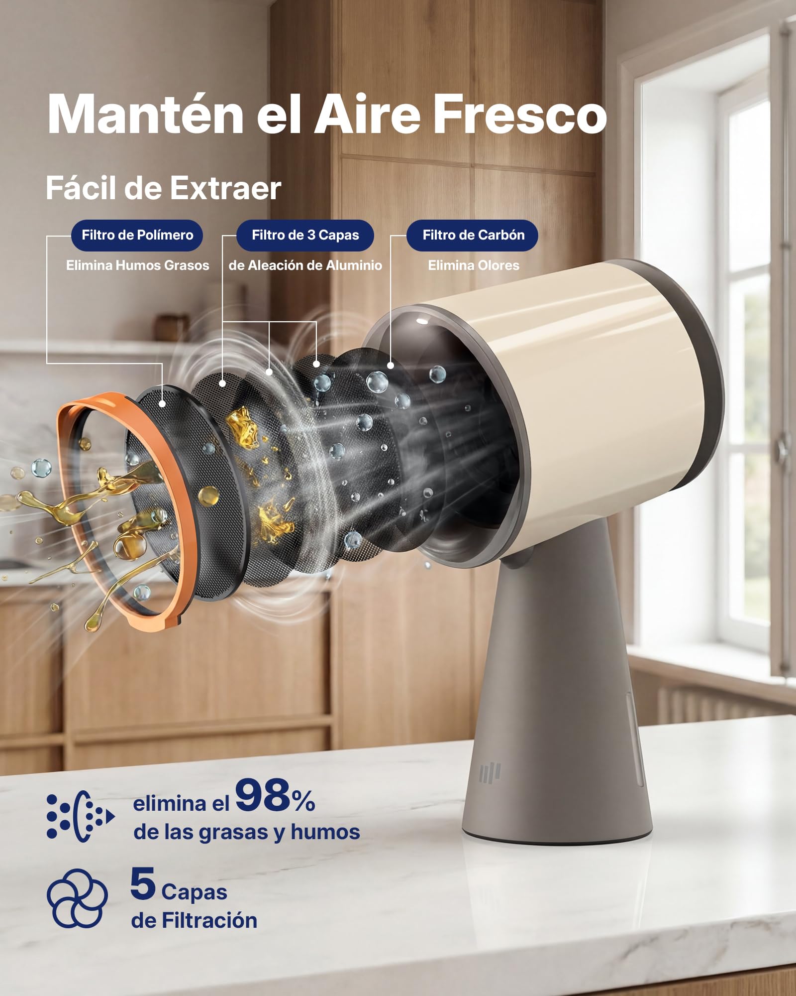 Upstreman Campana Extractora Portátil de Mesa con 3 Velocidades, Bajo Ruido, Recipiente Grande para Aceite y Filtro de Carbón de Aluminio Extraíble, Beige