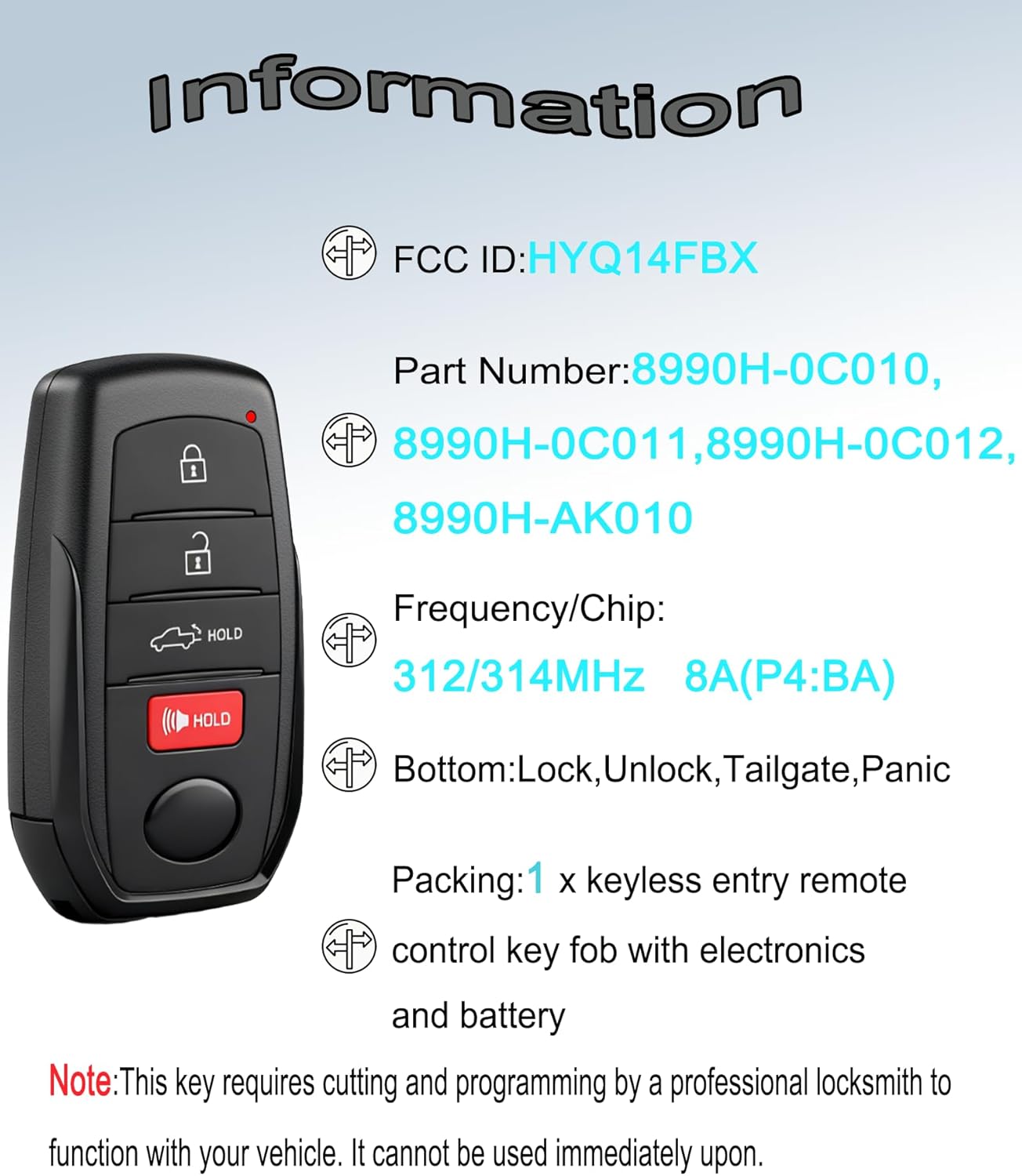 Smart Key Fob for Toyota Tundra Tacoma 2022-2024, YIKEBALOG Keyless Entry Proximity Remote Control Key Fob Compatible with Toyota Tundra Tacoma 2022-2024 HYQ14FBX 8990H-0C010 231451-3041