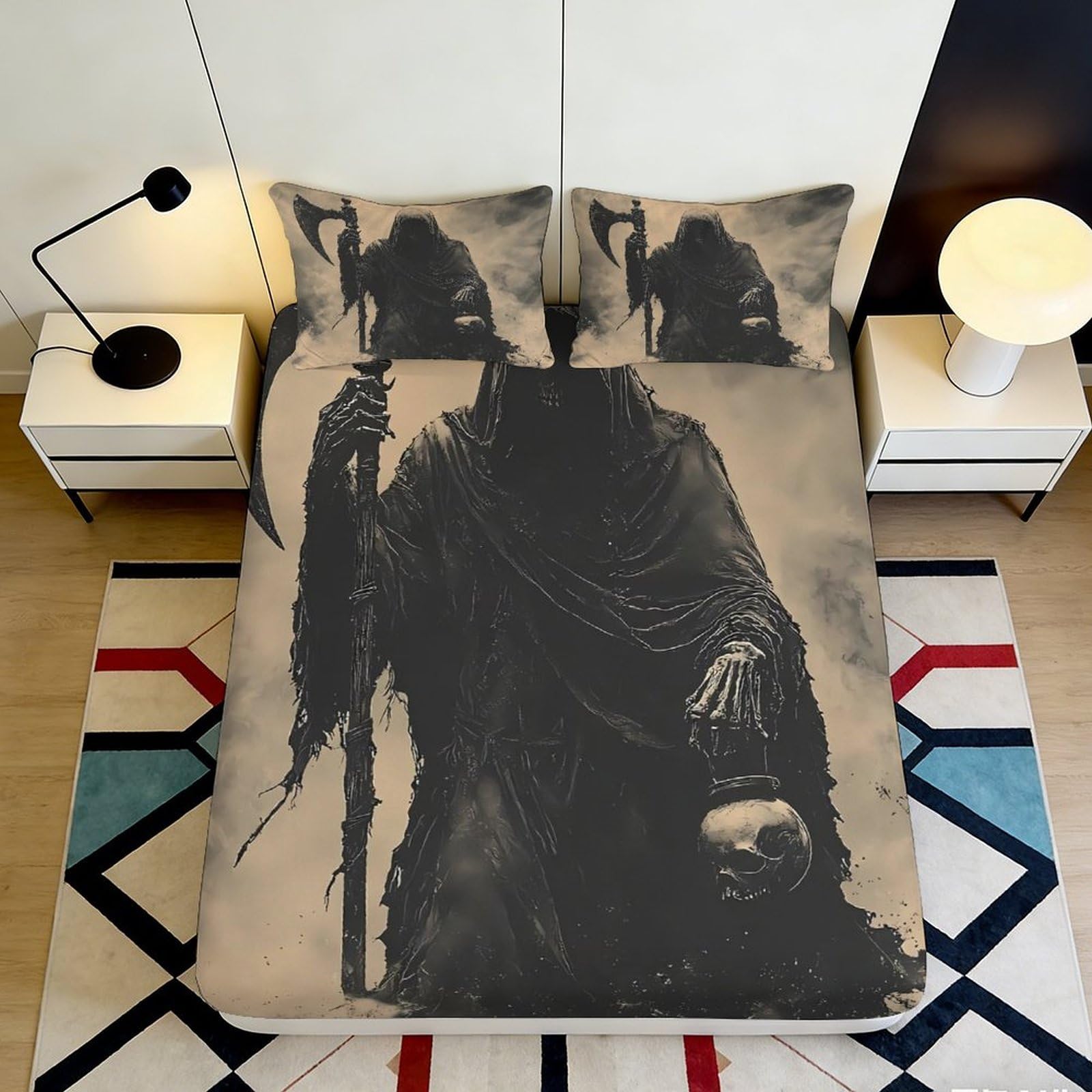 3D Printed Grim Reaper Fitted Sheet Microfiber Soft Black Skull Bed Cover for Bedroom Dorm Mattress Protector Decor 160x200x25cm