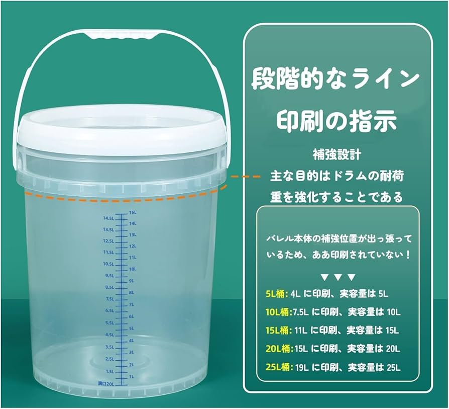 Amazon｜目盛り付きペール缶透明プラスチック缶蓋付き密閉ペール缶大