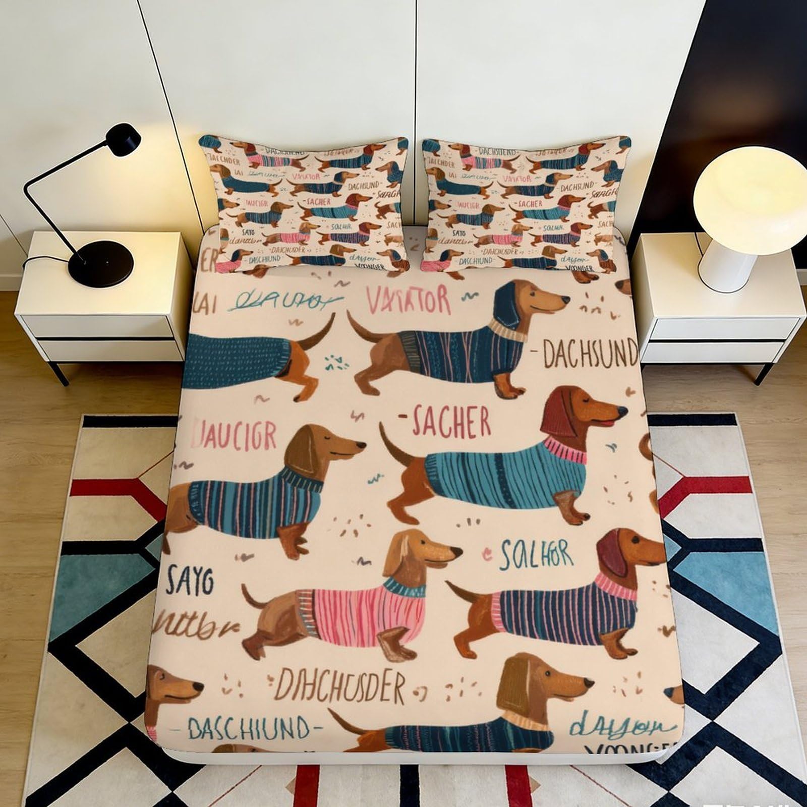 3D Printed Dachshund Dog Fitted Sheet Microfiber Soft Anti-Slip Cartoon Mattress Cover for Bedroom Guestroom Home Decor 90x200x25cm