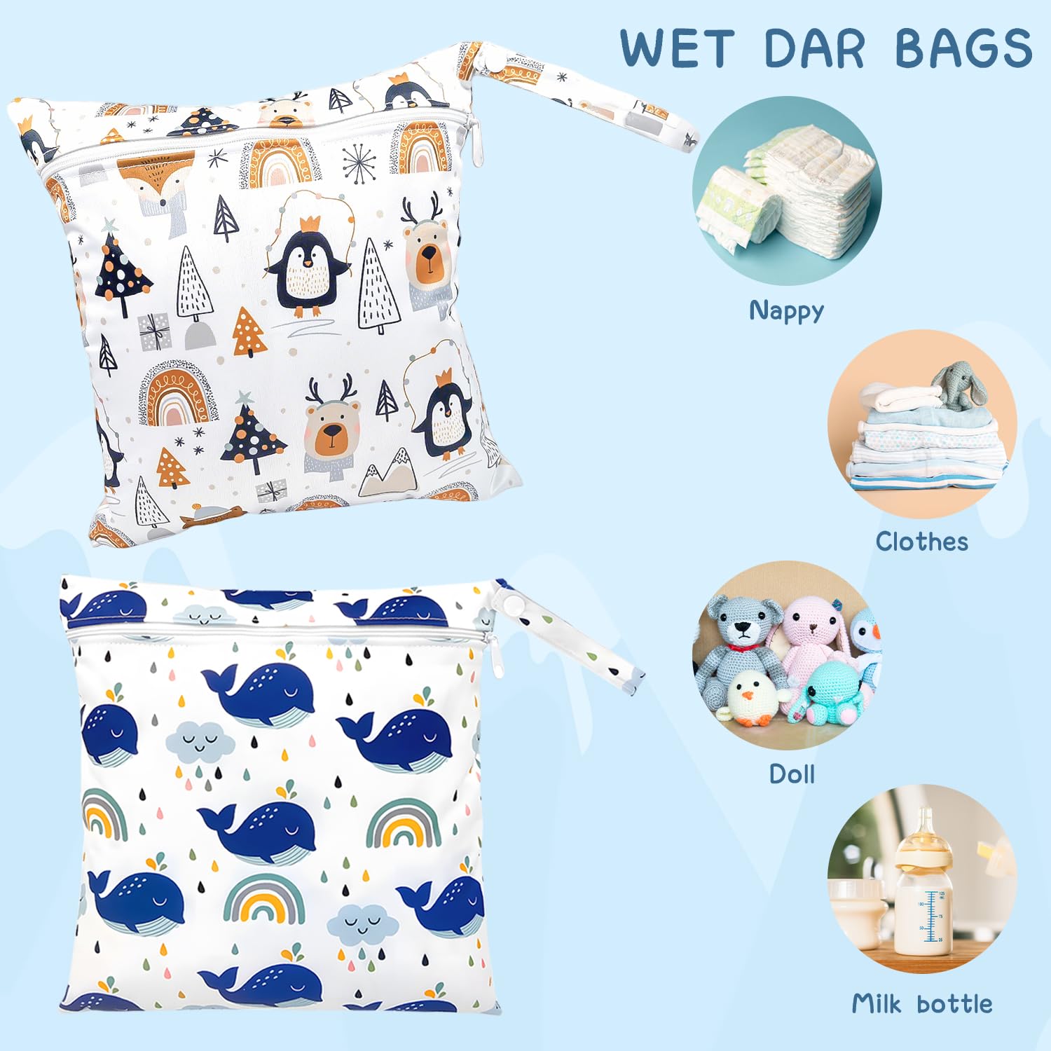 2 emballages Bourse Humide imperméable avec Fermeture éclair, réutilisable pour Articles bébé, vêtements, Gym, nage (Pingouin + Baleine)