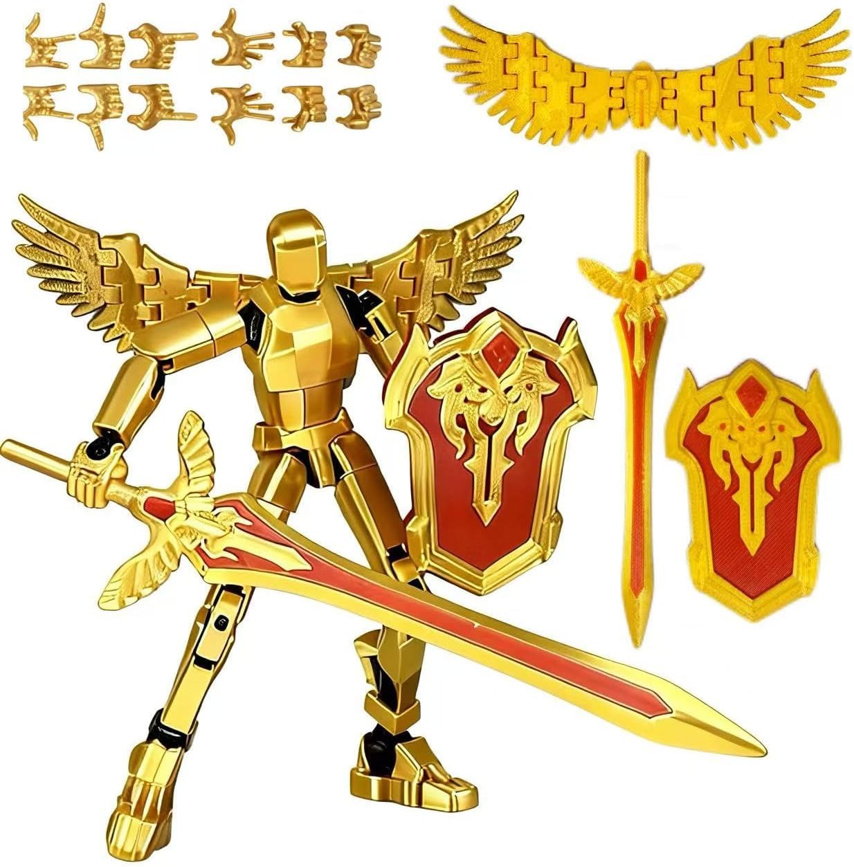 Starnearby Titan 13 Action Figure, (Assembled) 3D Printed T13 Robot Toy with Angel Wings, Multi-Jointed Movable Lucky 13 Figure,Dummy 13 with Sword & Shield, Desktop Decor Gift for Kids Adults