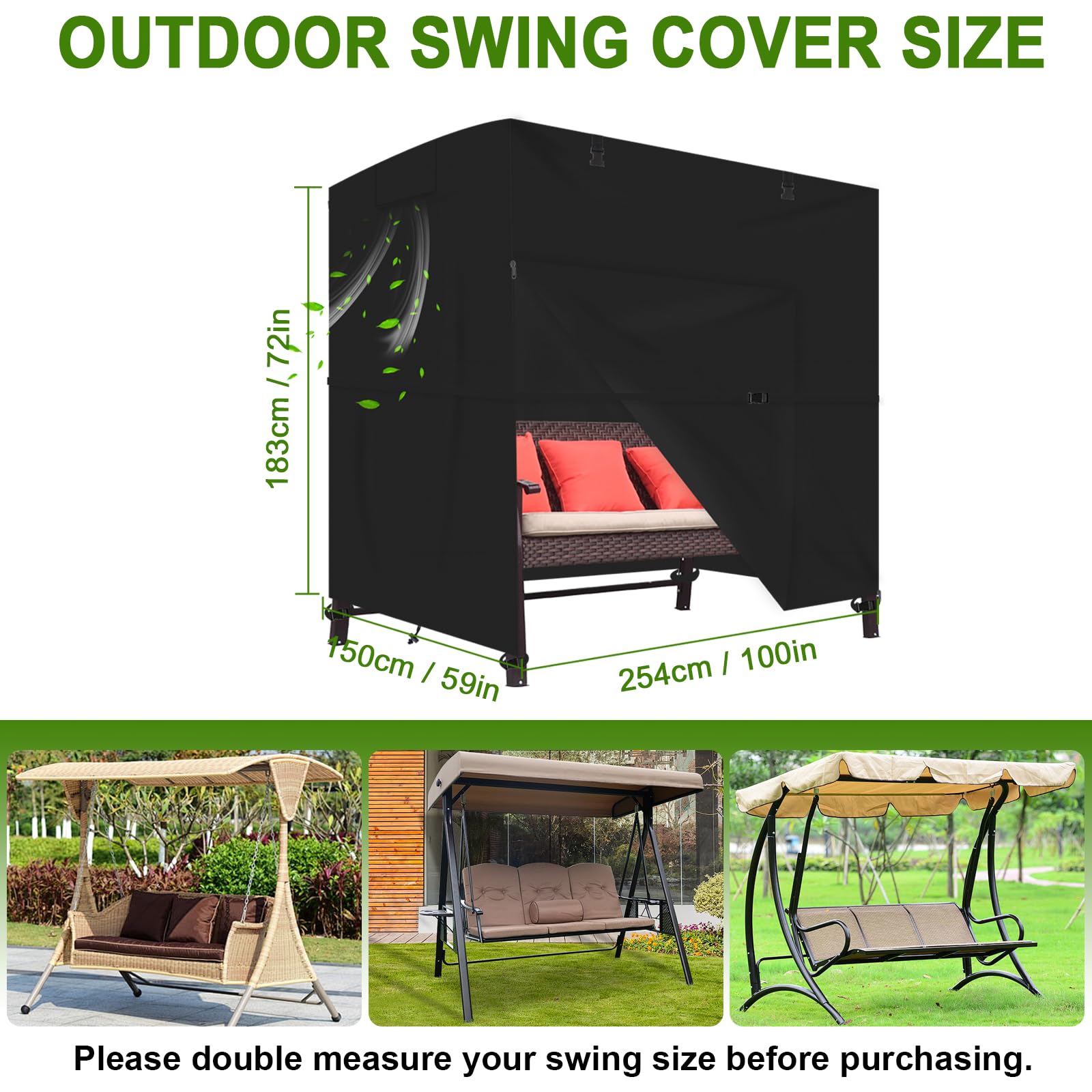 Funda columpio jardin exterior,funda protectora impermeable Oxford 600D para columpio de jardín de 3 a 4 plazas,Resistente al desgarro, con cremallera y correas (254*150*183CM)