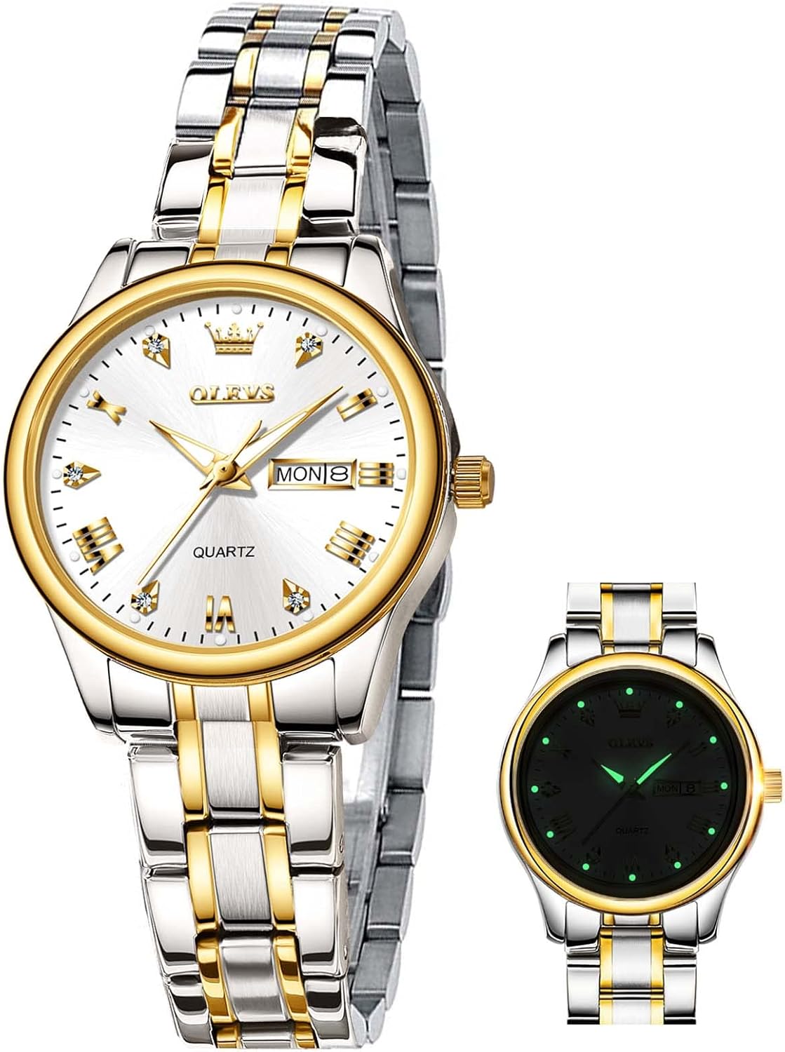 OLEVS Gold Watch for Women with Date Day Stainless Steel Waterproof Small Face Quartz Analog Ladies Watches Fashion Gold Black White Dial Female Wristwatch