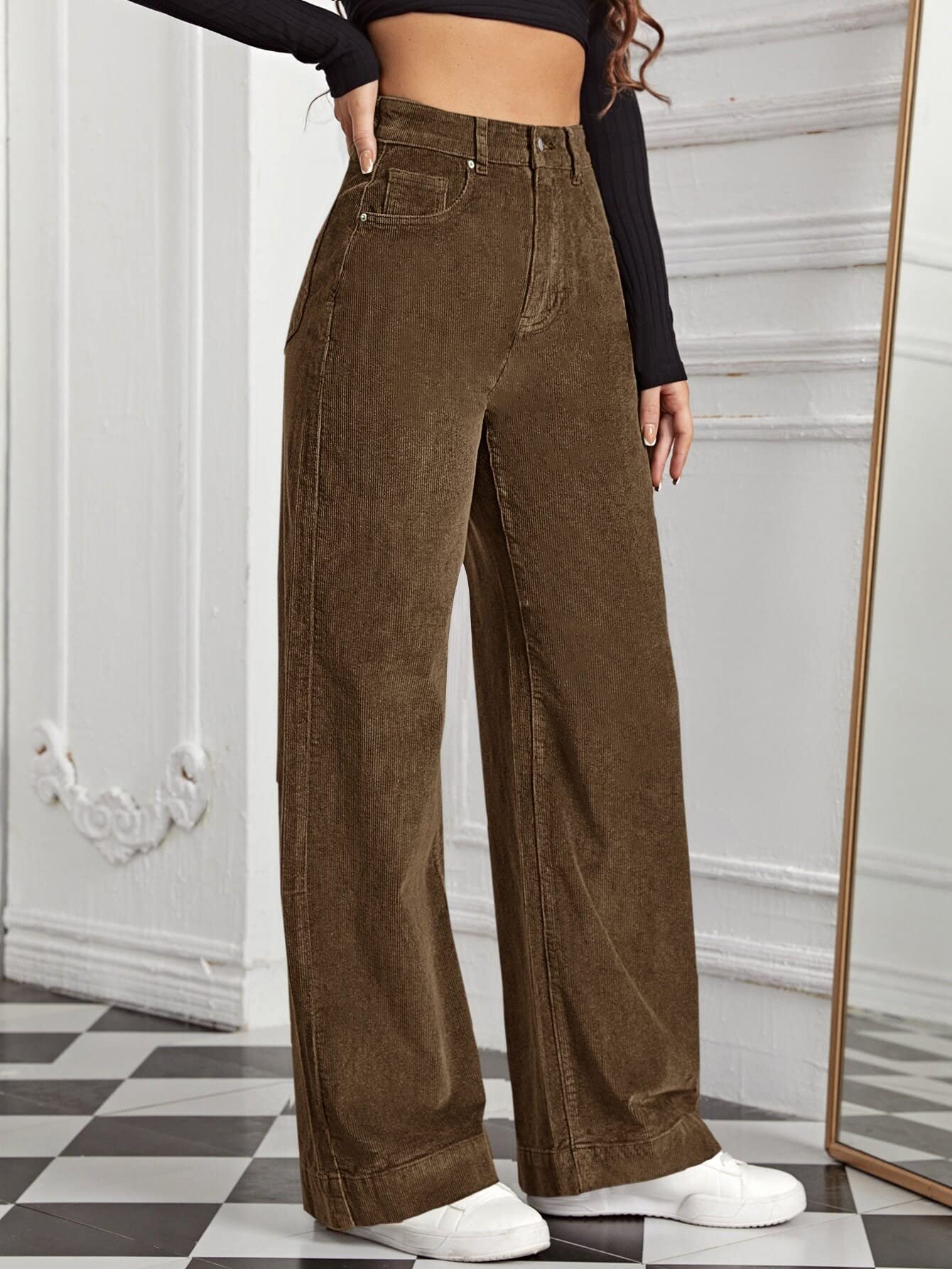 LIHANA Womens Summer Casual Pants High Waist Slant Pocket Cord Pants for Business Work Holiday