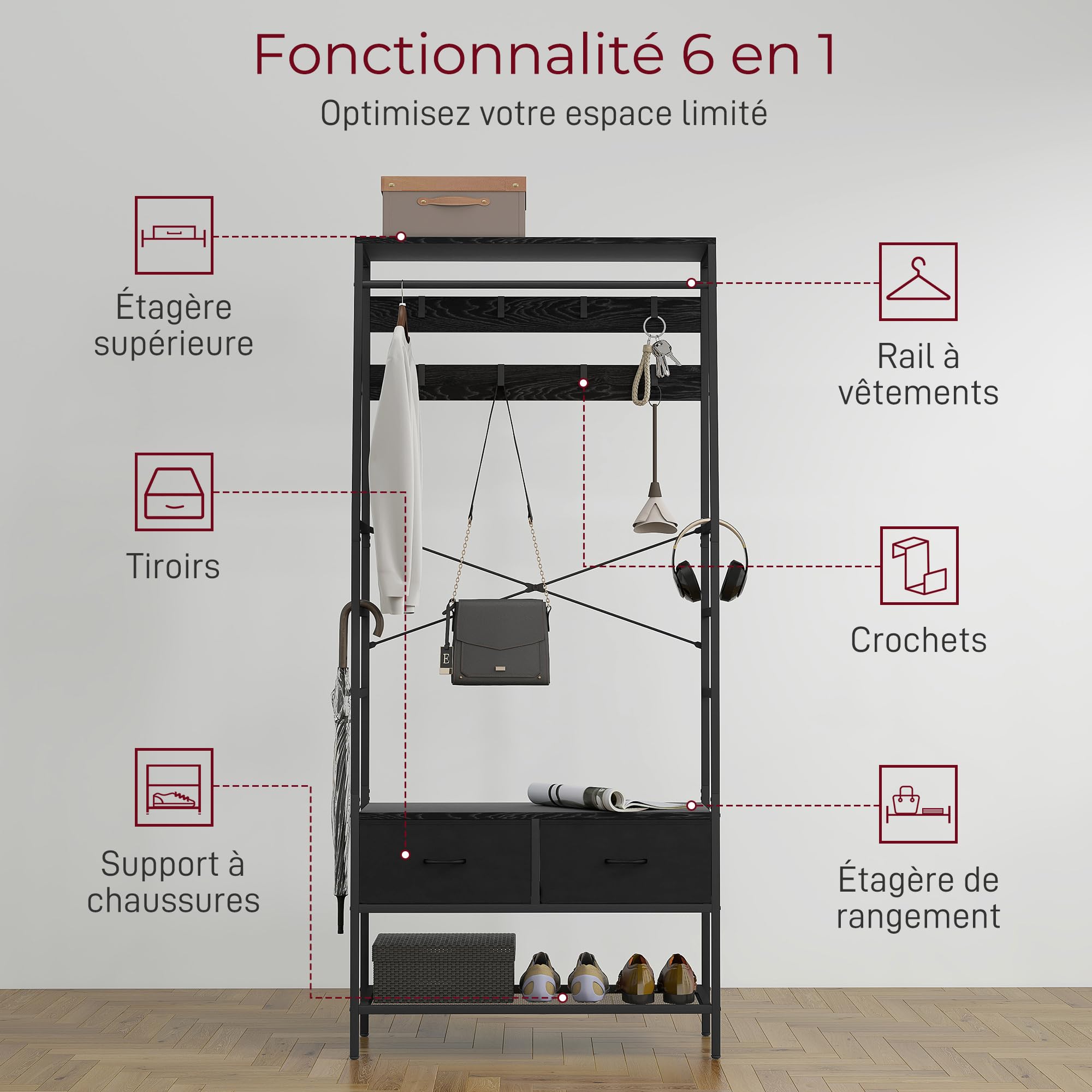 HOMCOM Porte-manteau Vestiaire 2 Tiroirs en Tissu 80 x 30 x 180,5 cm Noir