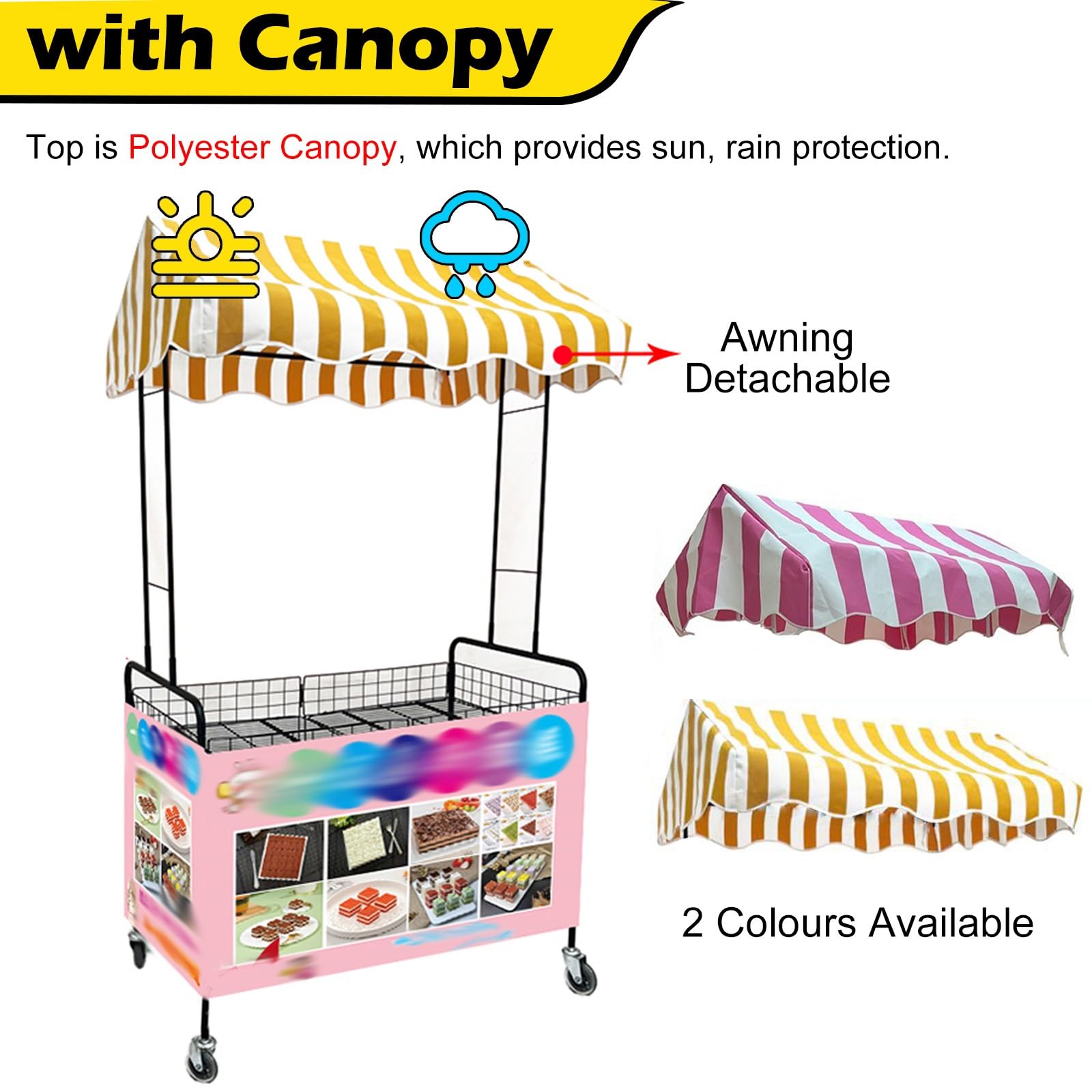 Carritos de Mercado, Carrito Plegable de Metal para Catering con toldo Amarillo y Blanco, Carrito portátil para vendedores de Comida, Puesto de Mercado al Aire Libre para Venta Ambulante, 90