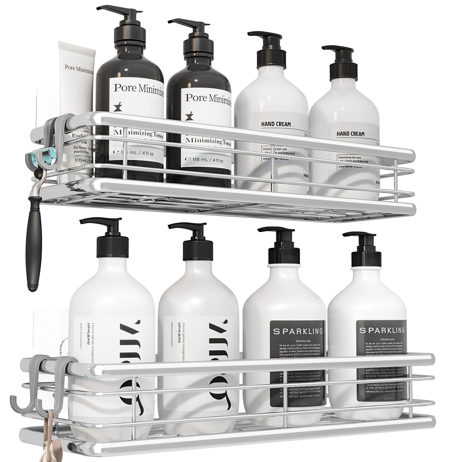 Kitsure Shower Caddy - 2-Pack Rustproof Bathroom Shelves, Large Capacity Adhesive Shower Shelf No Drilling, Space-Saving Storage of Bathroom Essentials, W30.0cm,Silver