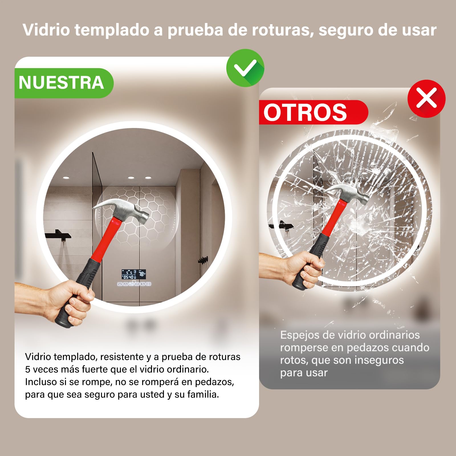Genérico Espejo de Pared para baño LED Redondos 60x60CM con Interruptor táctil de iluminación y antivaho, Espejo de Pared con 3 Colores de luz Ajustables [Clase energética E]