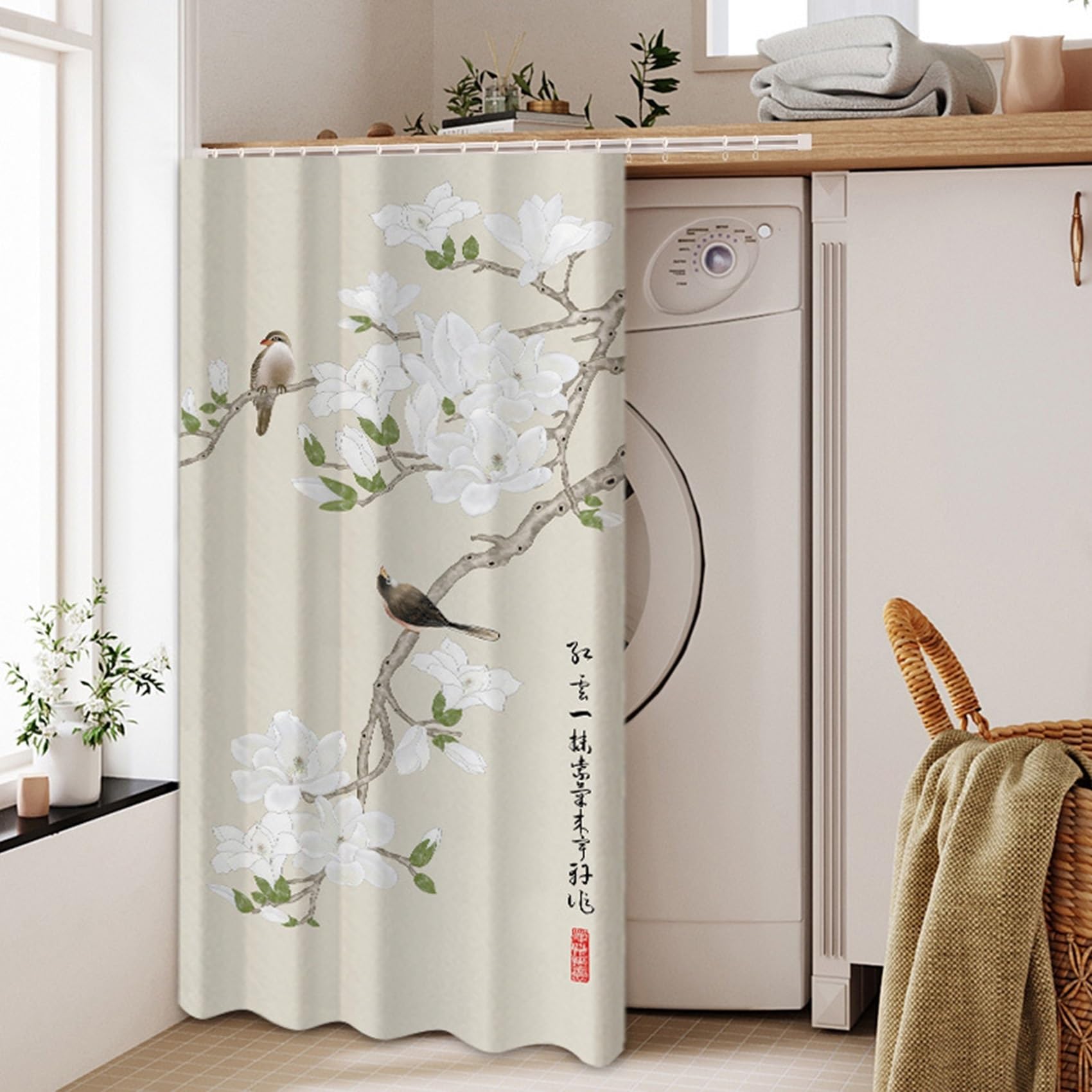 GUOIOOI Dishwasher Curtain,No Drill Silent Curtain for Washing Machine,Waterproof Privacy Hanging Blind with Ink Wash Floral Print for Laundry Area Under Sink(Light green,W65*H90cm)