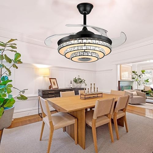 Miniatura 8 de MORE CHANGE Ventilador de techo de araña de cristal de 42 pulgadas con altavoz Bluetooth ligero, moderno ventilador de techo retráctil negro y