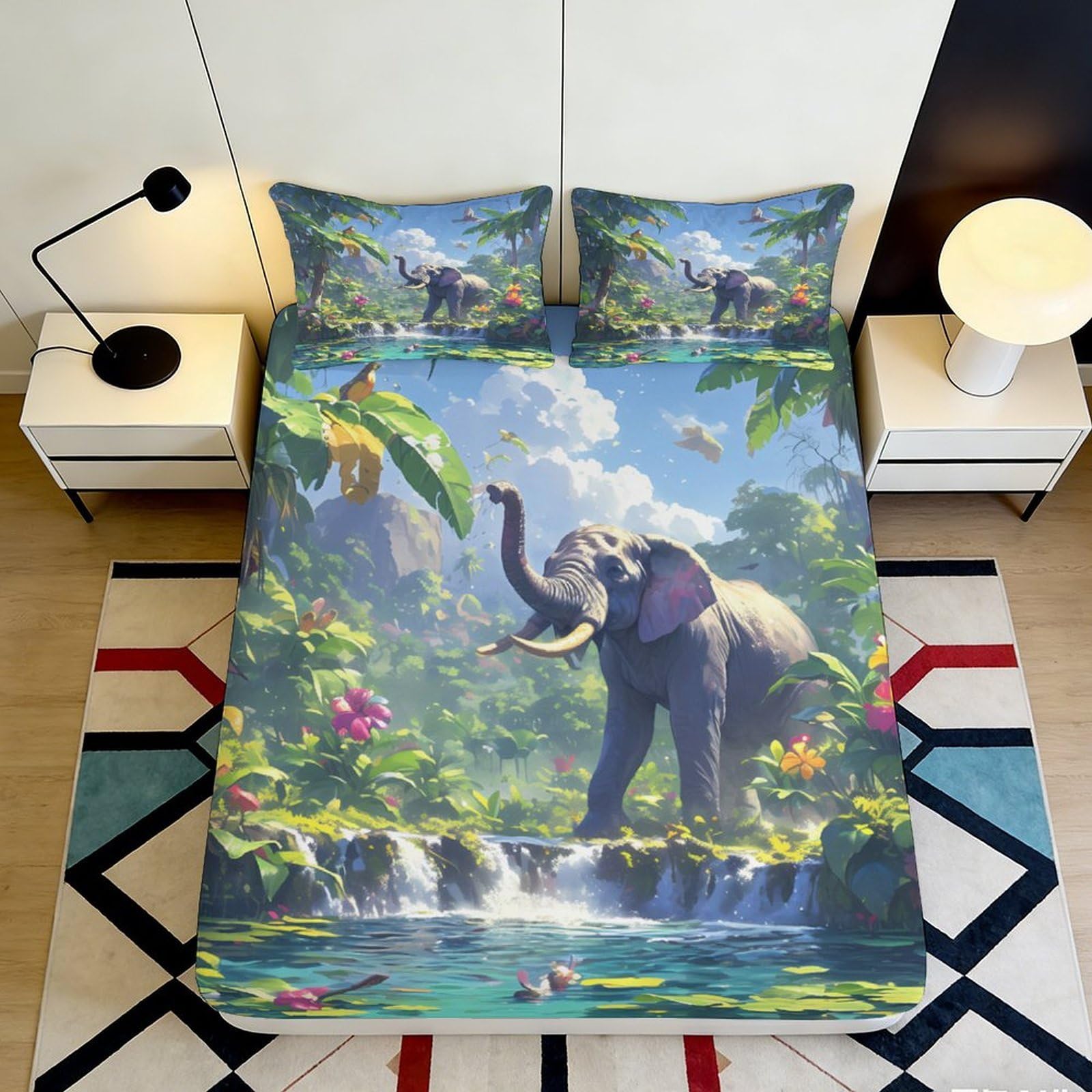 3D Printed Tropical Elephant Fitted Sheet Microfiber Deep Pocket Non-Slip Bedroom Bedding Tropical Jungle Mattress Fitted Cover Washable 180x200x25cm
