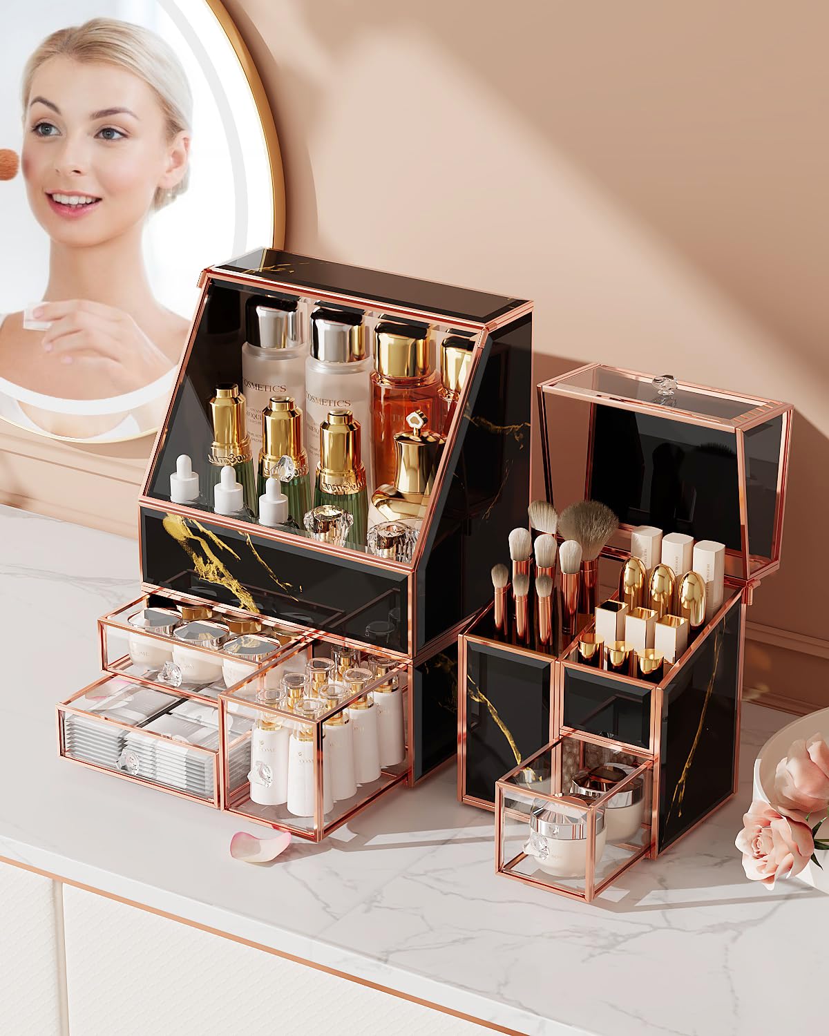 CoralHouse Glass Makeup Organizer with Lid, 3-Piece Vanity Storage Set