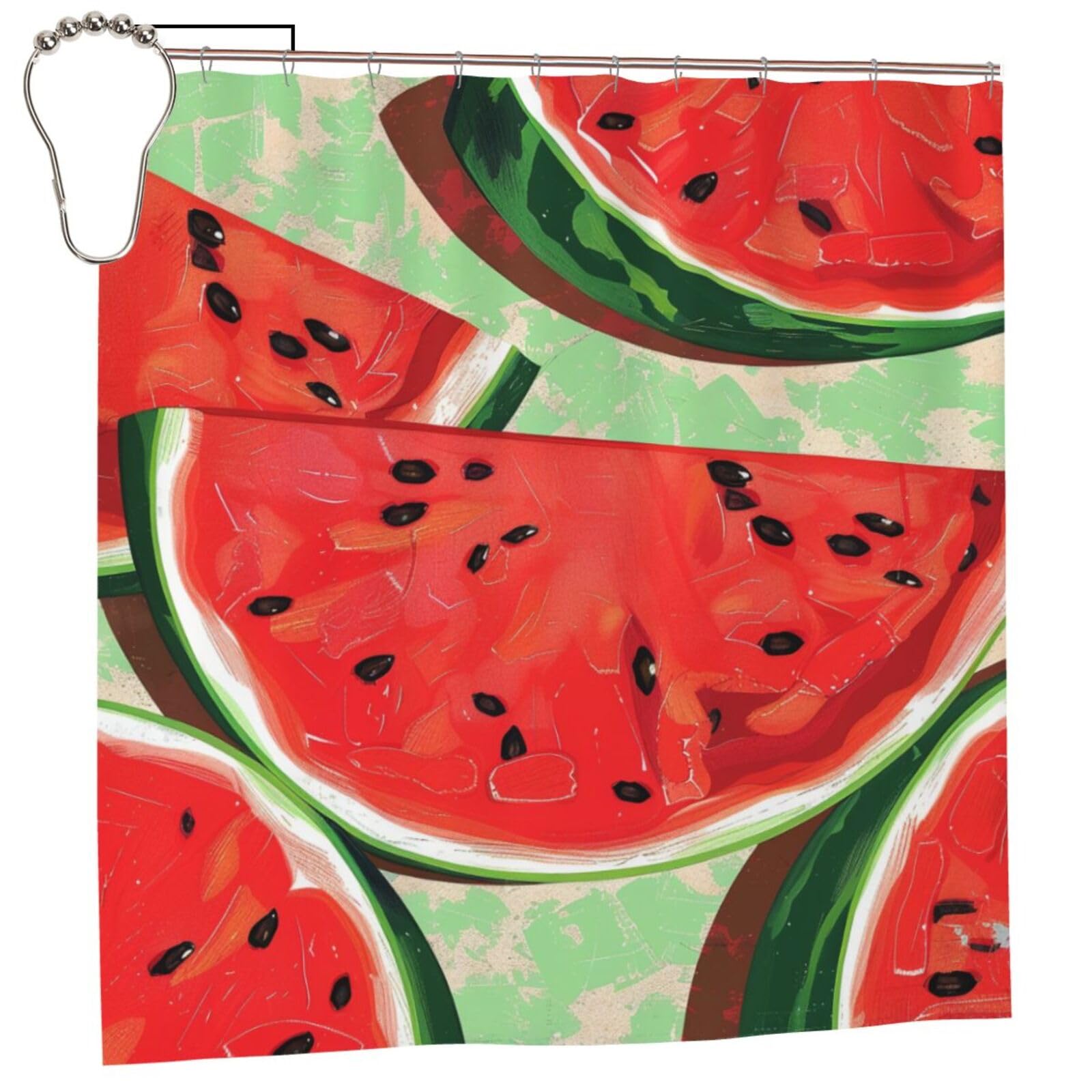 BWWHCCTI Red Watermelon Printed Shower Curtain With 12 Iron Hooks Opaque Quick Drying Waterproof Shower Curtains Sets For Bathroom 183x183 CM