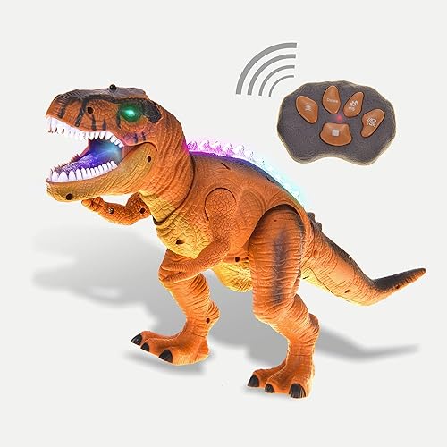 PowerTRC Juguete T-Rex de dinosaurio a control remoto para niños, sonidos prehistóricos realistas, juguete robot de dinosaurio que se ilumina y