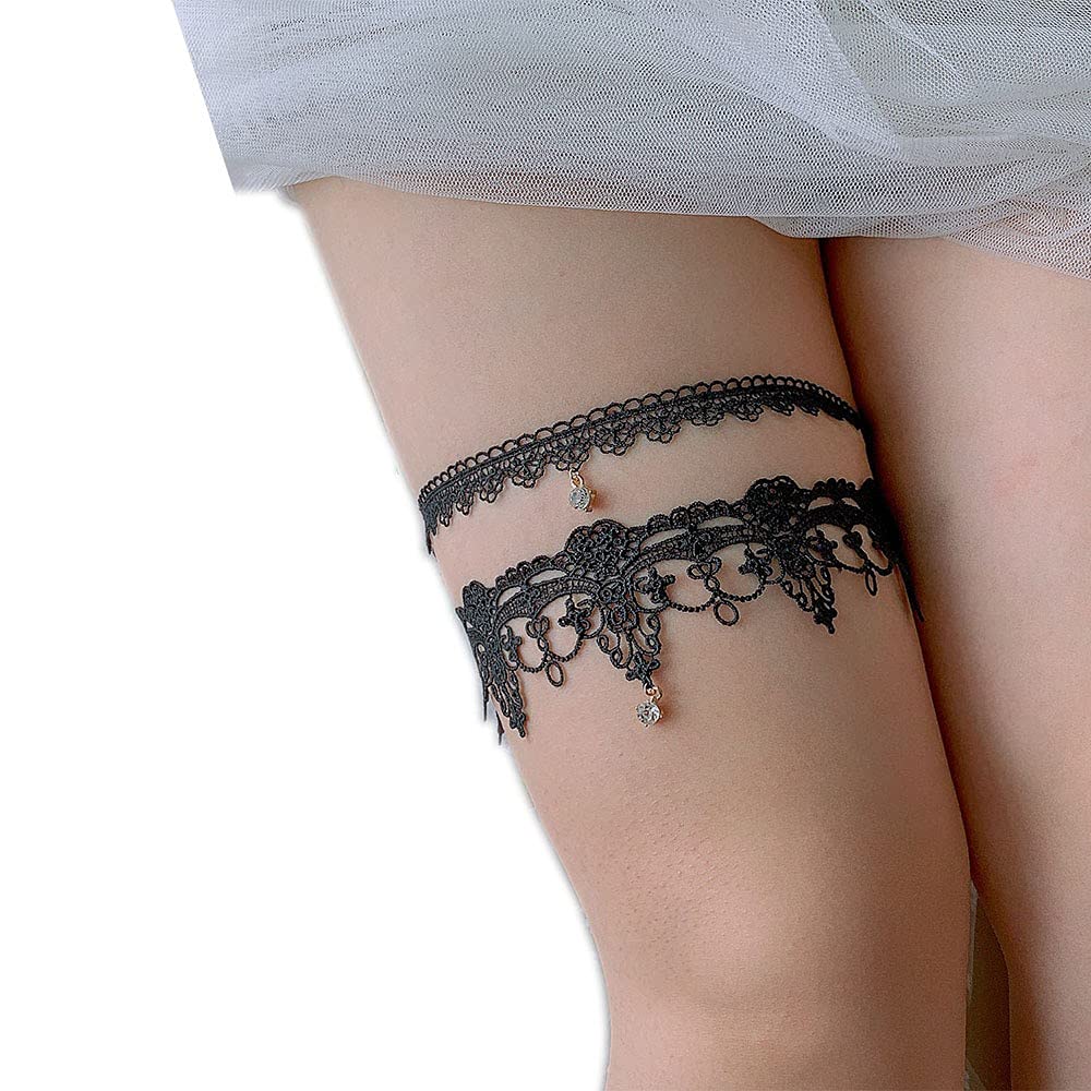 MissDaisyElastic Wedding Bridal Lace Garter Flower Lace Wedding Garter for Bridal with Rhinestone Vintage Gift