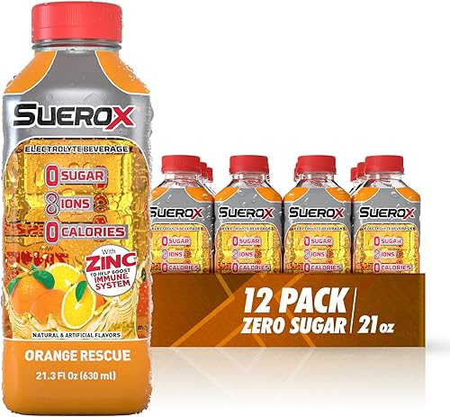 SueroX Bebida Hidratante con Electrolitos, Cero Azúcar, 8 Iones de Recuperación, Cero Calorías, Naranja, 12 Botellas, 21 onzas fluidas