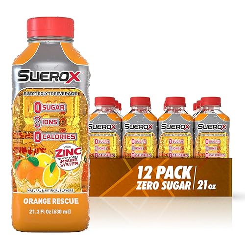 SueroX Bebida Hidratante con Electrolitos, Cero Azúcar, 8 Iones de Recuperación, Cero Calorías, Naranja, 12 Botellas, 21 onzas fluidas