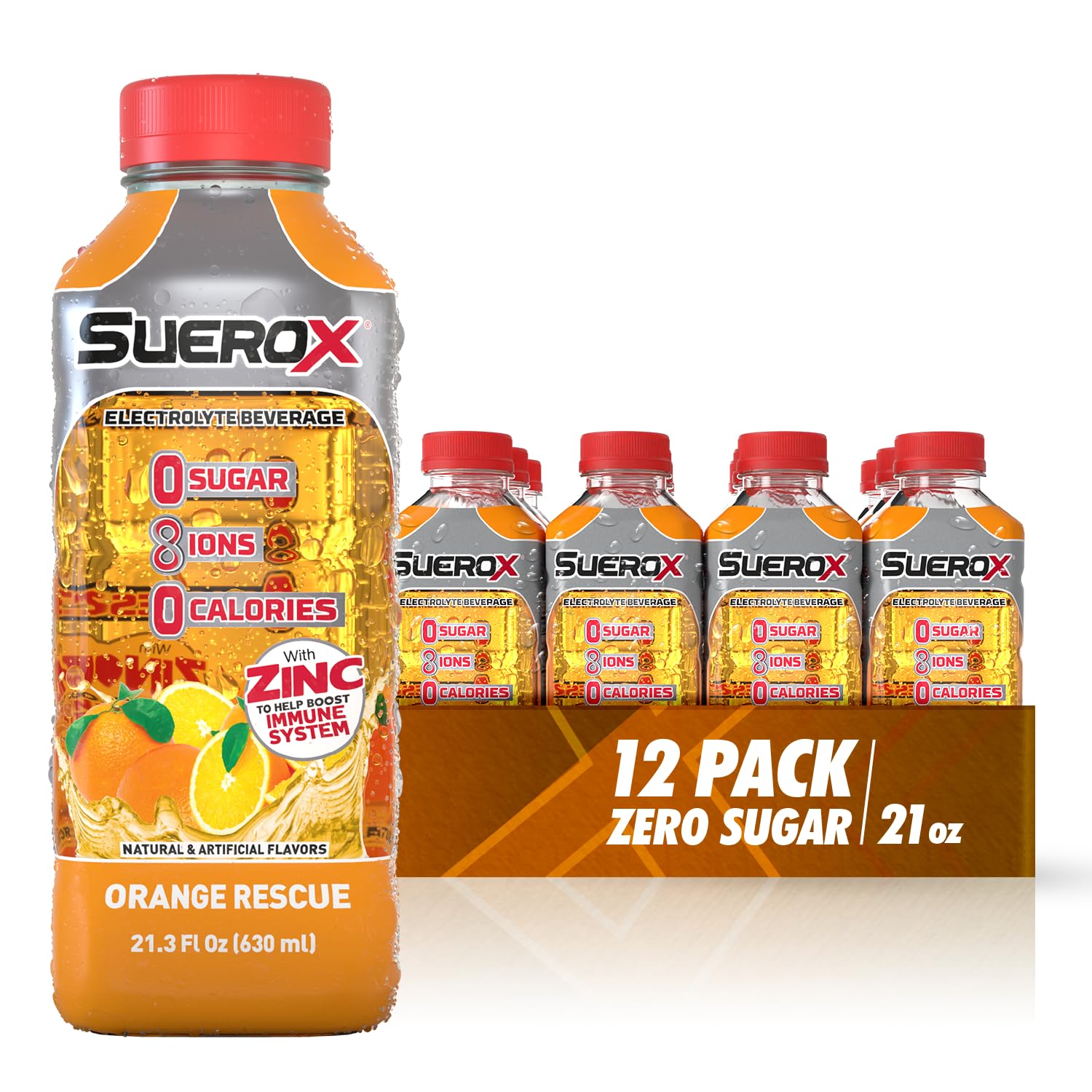 SueroX Sugar Free Sports Drink for Hydration and Recovery, Electrolyte Hydration Drink with 8 Ions, Zero Calorie Sports Drinks, Orange Rescue, 21.3 Fl Oz, 12 Count