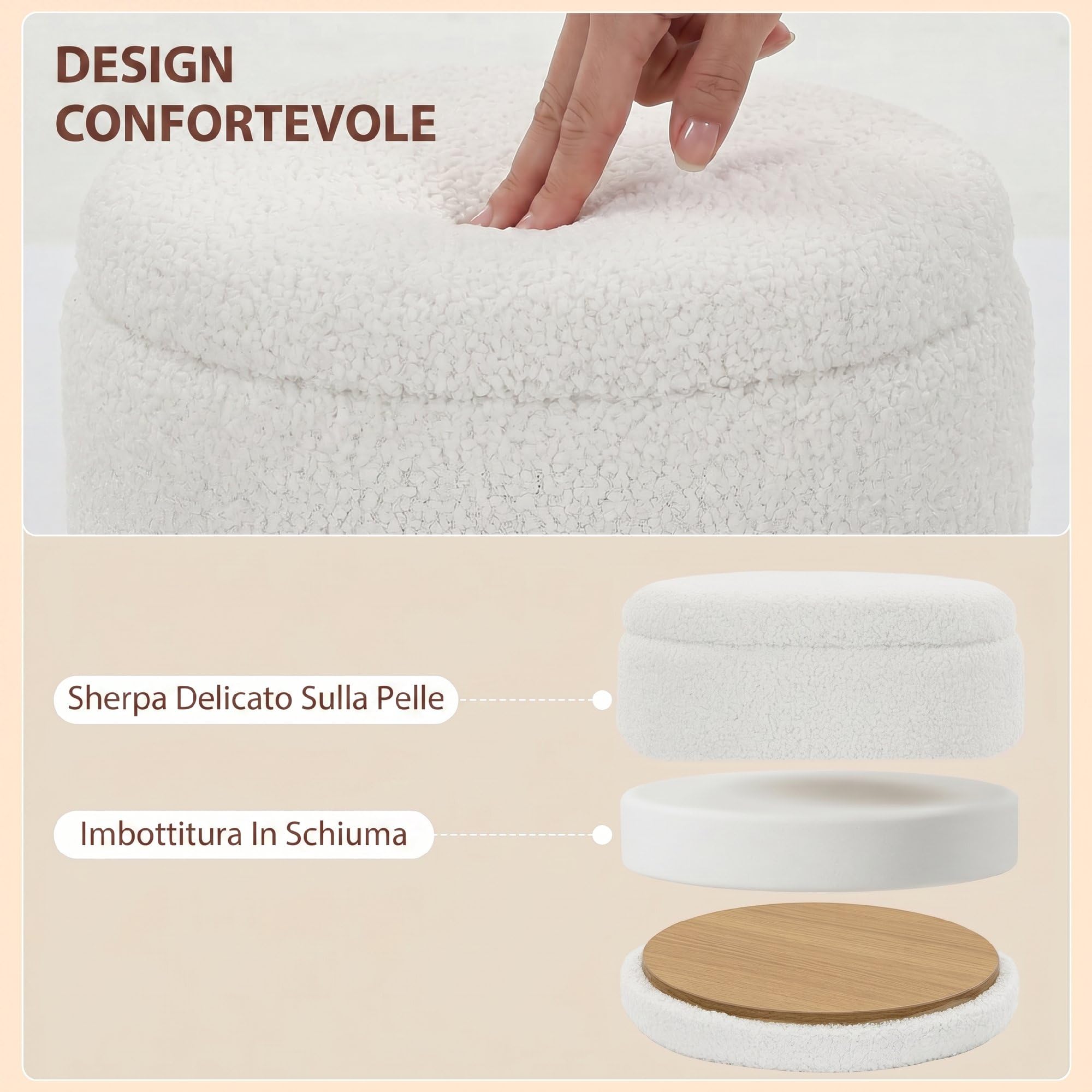 HOMCOM Pouf Contenitore Rotondo 33L con Coperchio 36.5x36.5x46.5cm Bianco | Tessuto Sherpa, Sgabello Contenitore, Capacità 120kg, Camera da Letto, Soggiorno, Ingresso