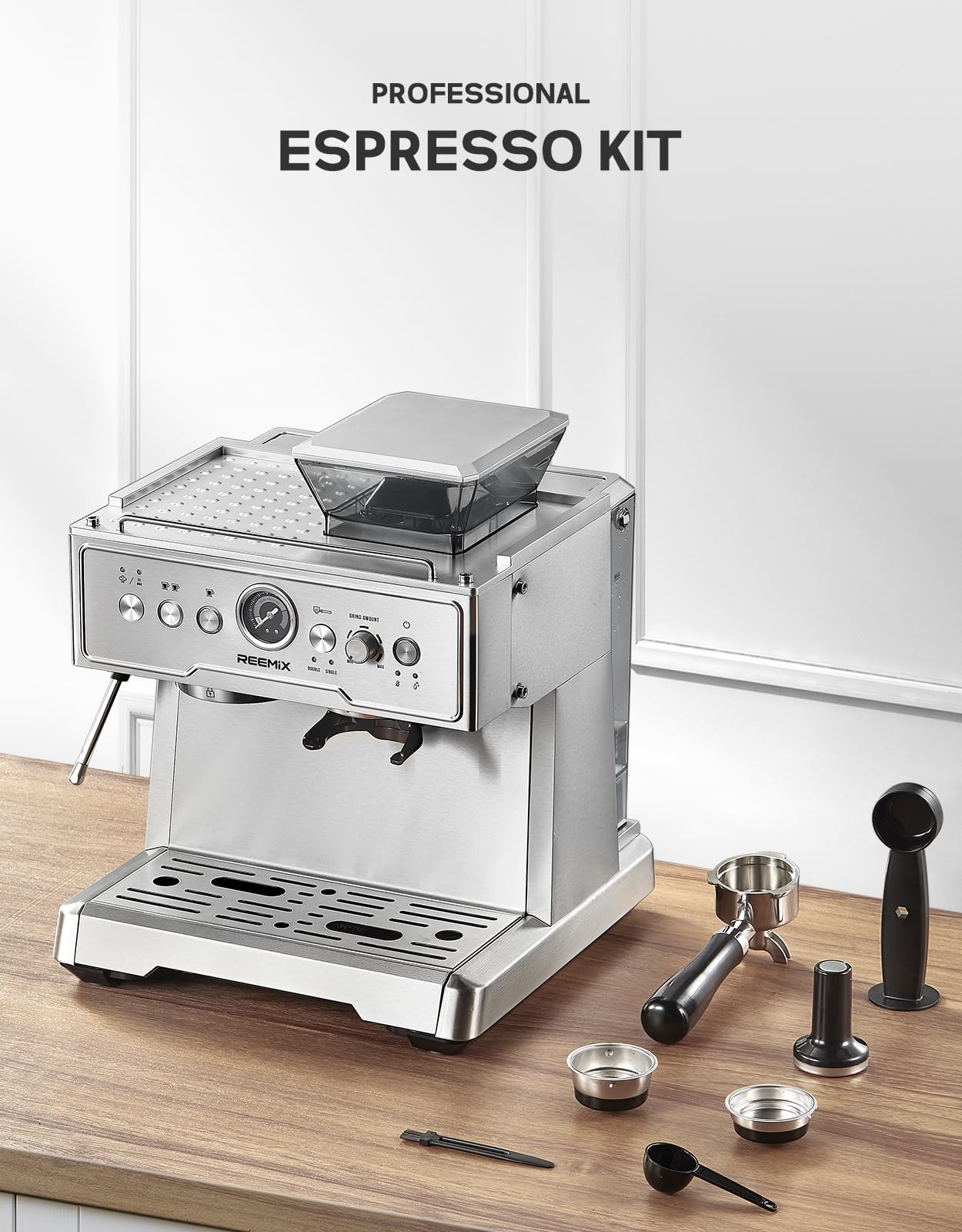 Reemix Machine à Expresso avec Porte-Filtre, Machine à Café 20 Bars avec Moulin Intégré et Mousseur à Lait, 1350 W, Réservoir de 2,8 l, Acier Inoxydable/Argenté, Kit Barista (54 mm Porte-Filtre)