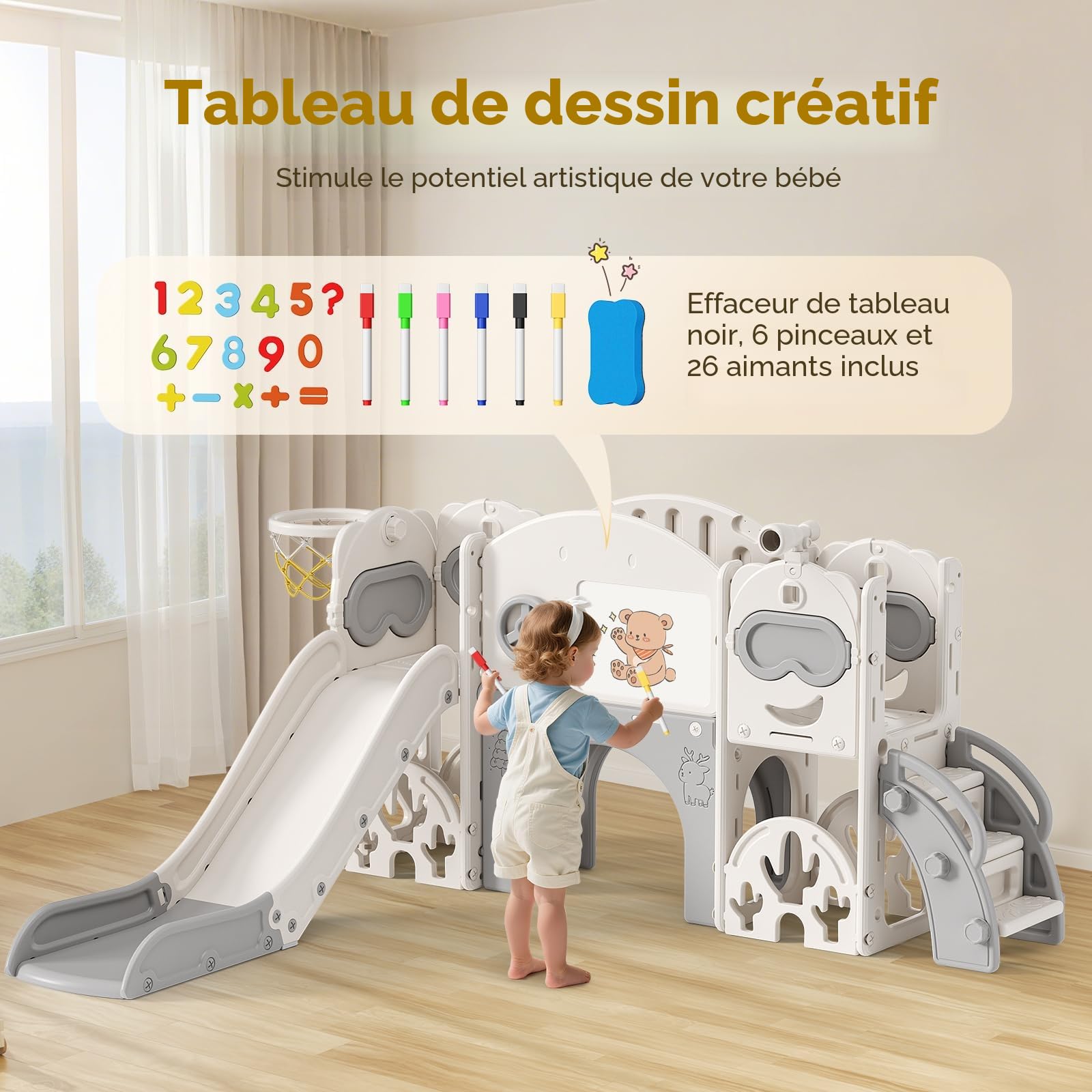 Toboggan 11 en 1 pour tout-petits, toboggan d'intérieur et d'extérieur avec panier de basket, golf, jumelles et espace de rangement, échafaudage sport autoportant pour enfants de 1 à 6 ans (toboggy