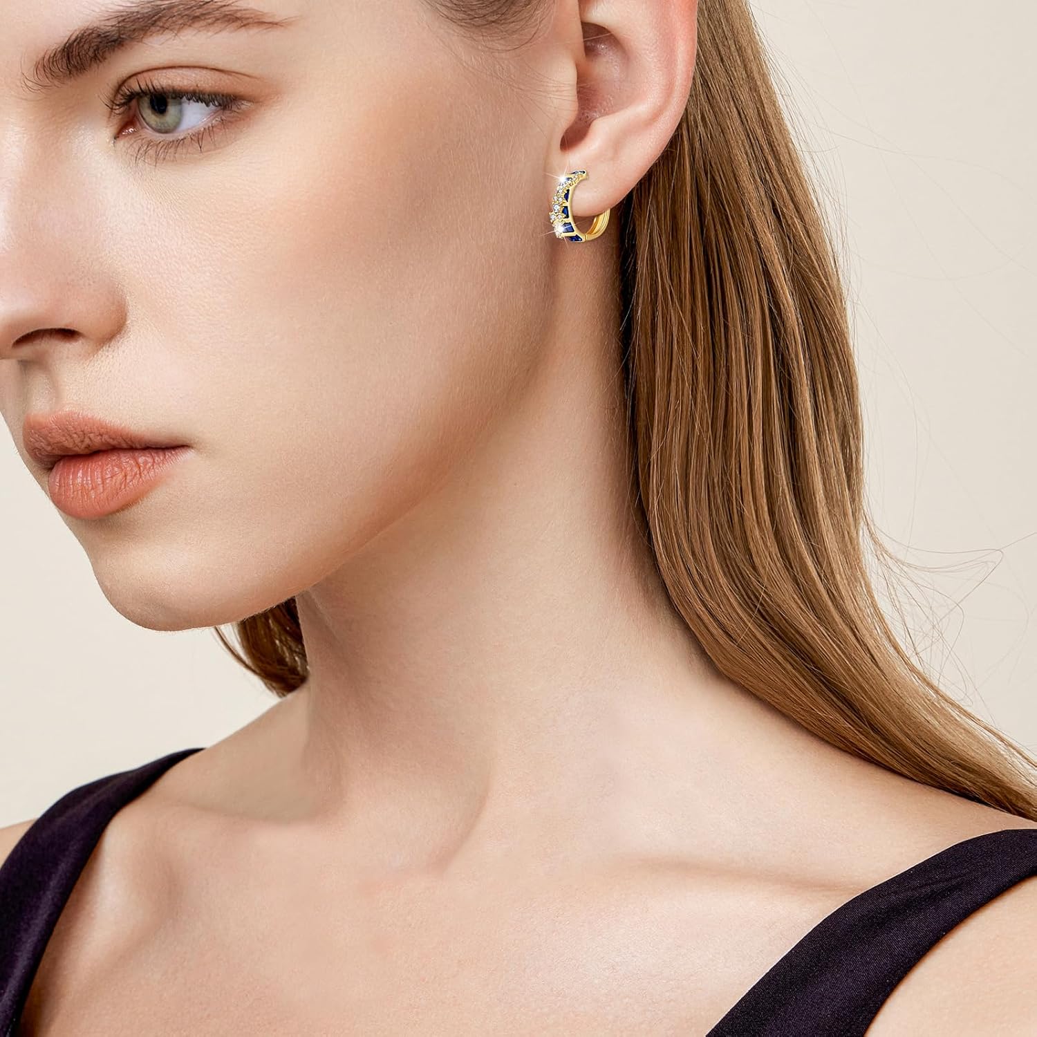 Richapex Sapphire Earrings for women, 18K Gold Plated Crystal Flower Earrings | Small Hoop Earring |Gold Earring for Women - Image 2