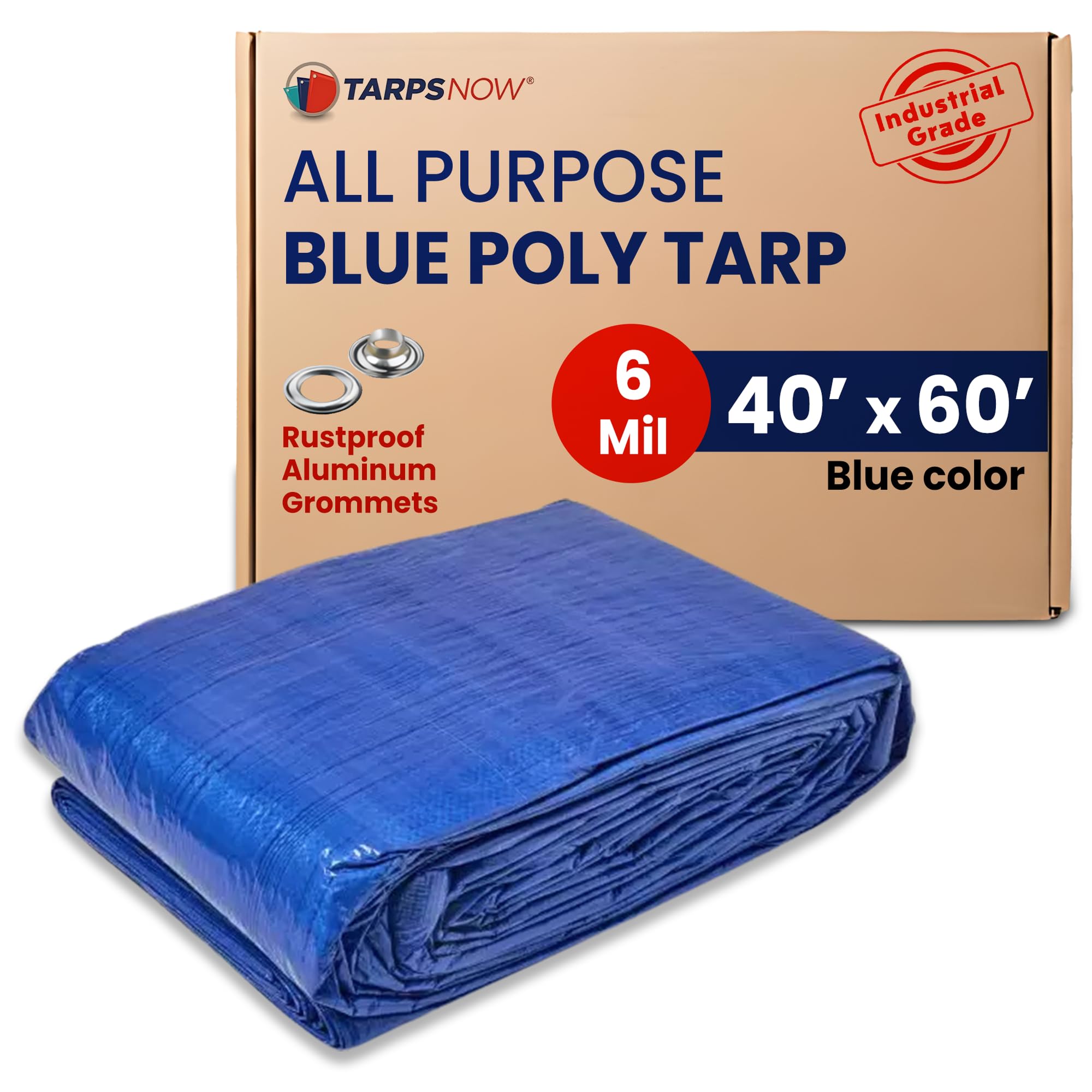 Tarps Now 40x60 ft Heavy Duty Plastic Tarp  Blue Poly Tarp, 6 MIL  Waterproof Cover w/Aluminum Grommets, Reinforced Edges, Tear Resistant  Polyethylene for Camping, Roofing, Construction, Outdoor Use - Amazon.com