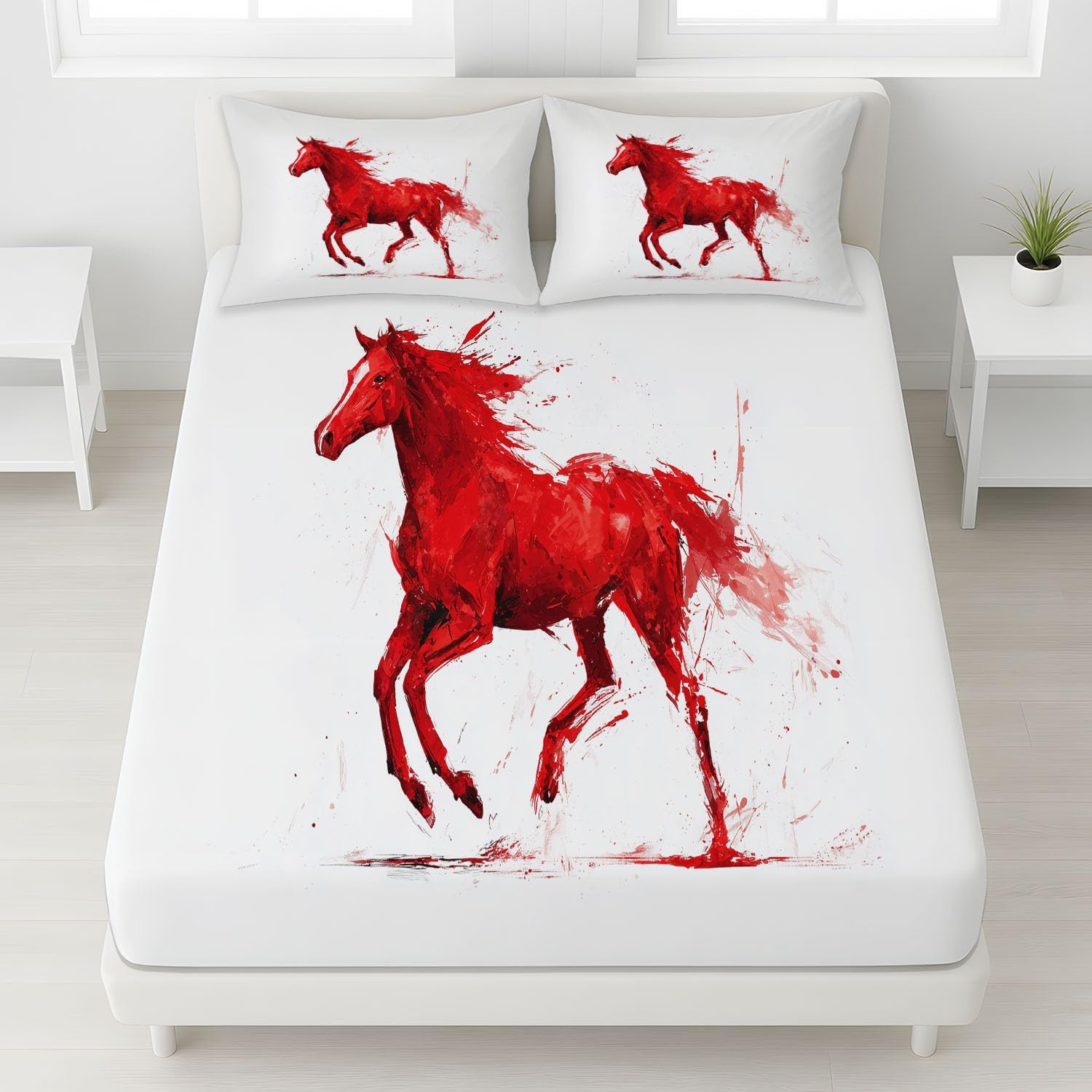 Sábana Bajera 200 x 200 x 30 cm 3 Piezas + 2 Fundas 50 x 75 cm, Microfibra Cepillada Ajustable de Bolsillo Profundo, Suave Delicada para la Piel, Rojo, Animal Corriendo Caballo