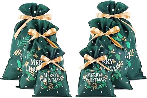 Miniatura 8 de OYATON Bolsas de regalo de Navidad con cordón, bolsas de tela reutilizables para regalo de Navidad, juego de 6, bolsas de regalo de tela con cordón