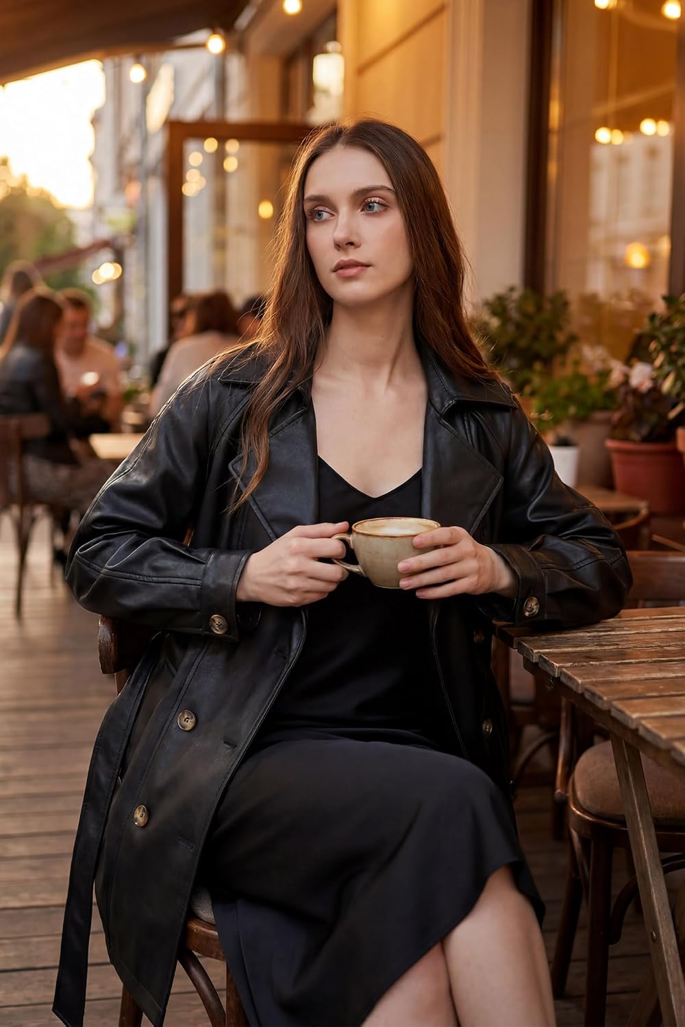 RISISSIDA Women Faux Leather Long Jacket,Mid Length Trench Coat,Relaxed Fit | Double Breasted,Removable Belt,Lapel,Soft Premium Vegan Leather,Spring Fall Transitional