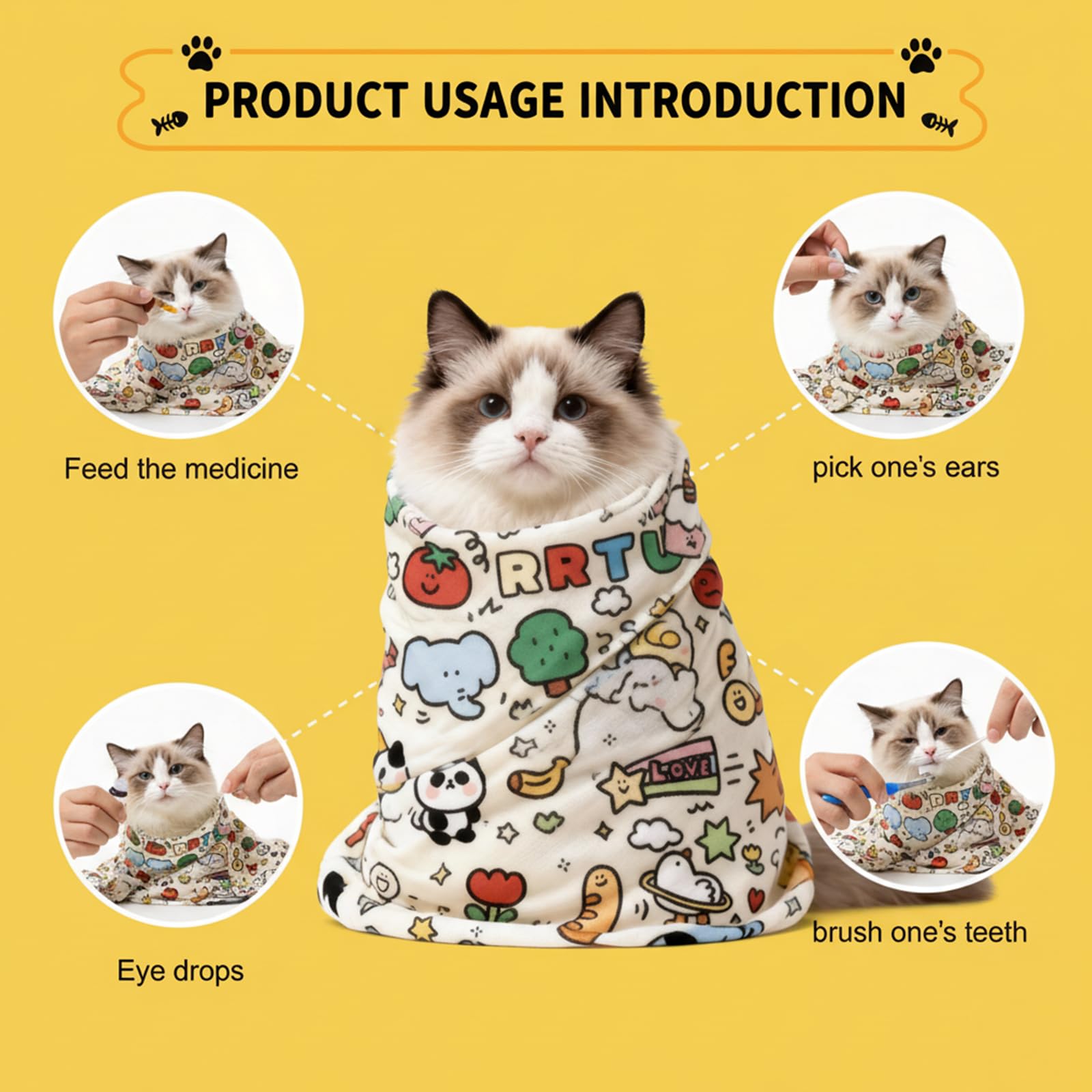 Cat Grooming Wrap, ściereczka do pielęgnacji kotów, samoprzylepna, 70 x 70 cm, odporna na ugryzienia i zarysowania, do przycinania pazurów, wiązania kotów, do pielęgnacji paznokci