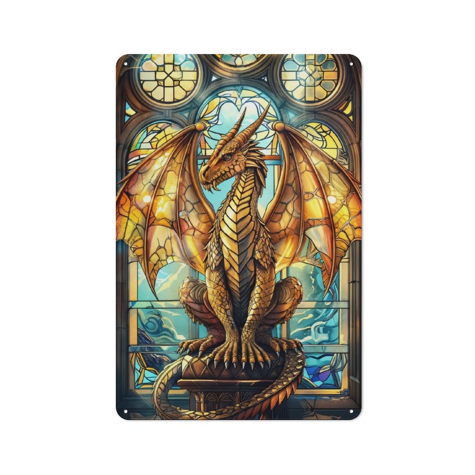 Junmoney Gold Cathedral Dragon For Lounge Or Reading Corner, Retro Metal Plaque 30X20cm, For Vintage Wall Decor Fans, For Metal Sign Collectors