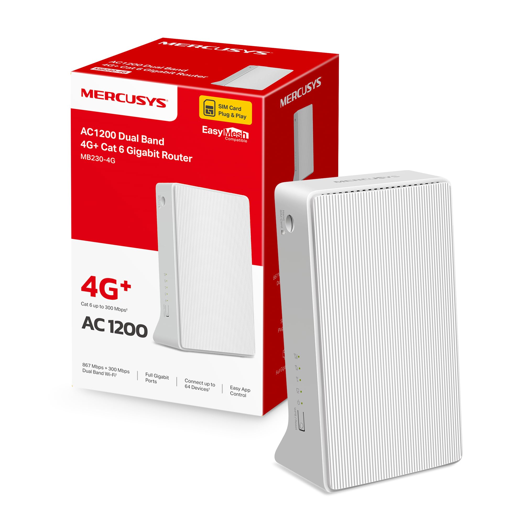 MERCUSYS MB230-4G TP-Link Routeur 4G+ WiFi AC1200Mbps, Box SIM, CAT6 Vitesse Jusqu'à 300Mbps, 2 Ports Gigabit, Ports d'Antenne Externe, Modem Déverrouillé Compatible Toute SIM