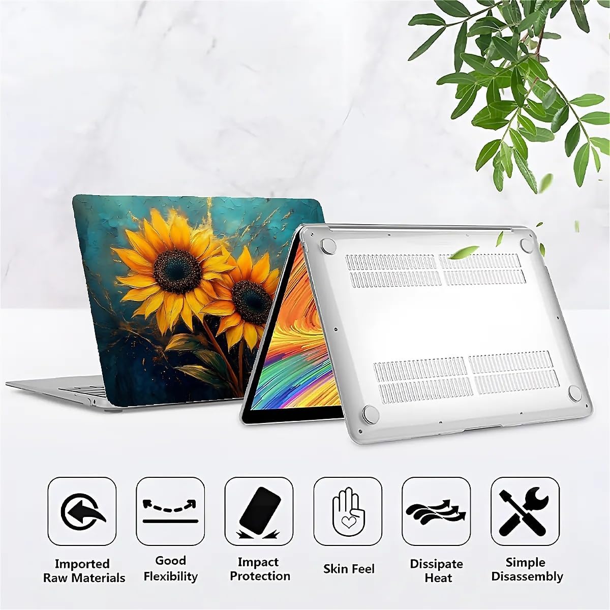 for MacBook Air 13 Inch Release 2022/2025 Model A2681/A3240 M2/M4 Chip Clear Computer Case,Novelty Premium Pattern Hardshell Laptop Case Sunflower Liquid Floral Teal Art