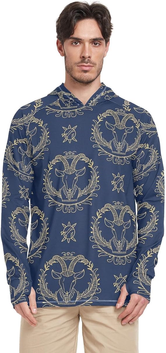 Gold Zodiac Sign Aries Navy Blue Men Sun Protection Hoodies Long Sleeve UPF 50 Mens Sun Shirt Lightweight UV Rash Guard With Hood Sailing Shirts camisas para el sol hombres proteccion solar