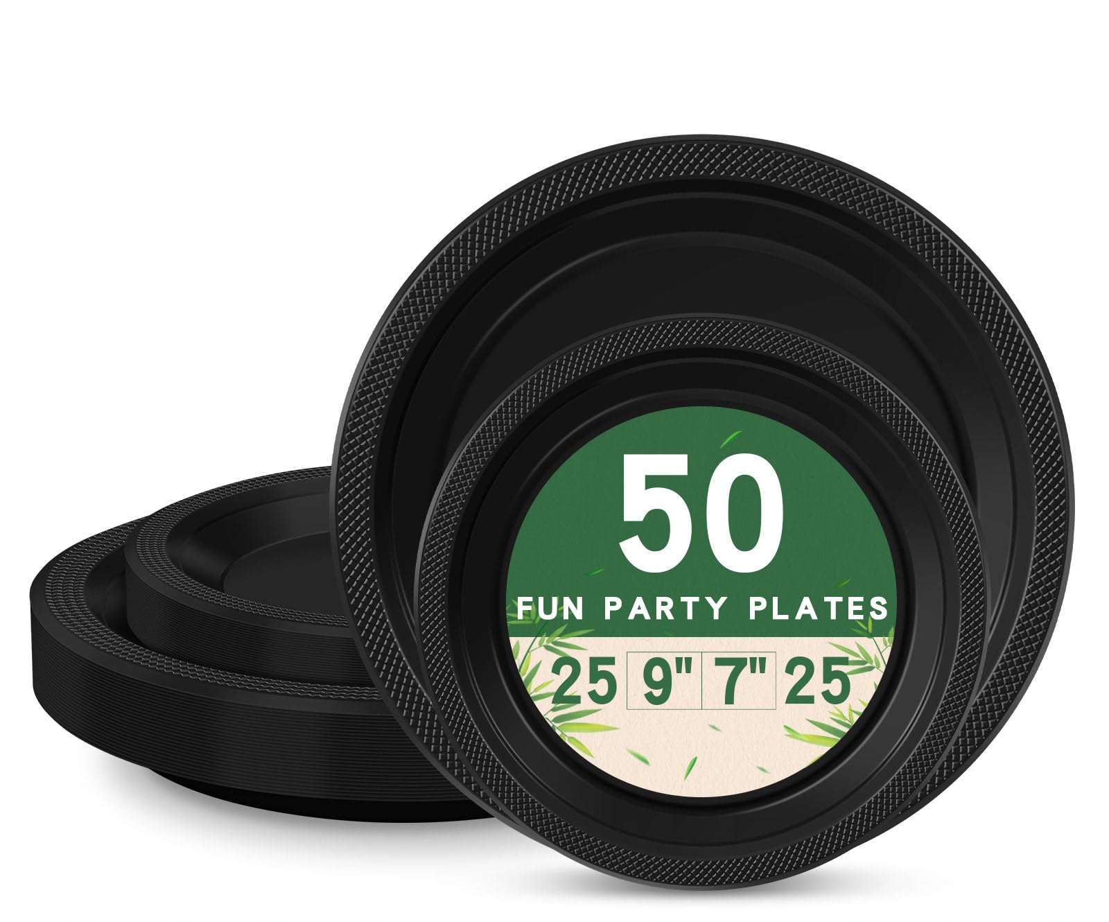 LANLISA 50 Pcs Black Plastic Plates For Party, 25-9" & 25-7" Disposable Cake Dessert Plates For Birthday, Graduation, Halloween Dinner