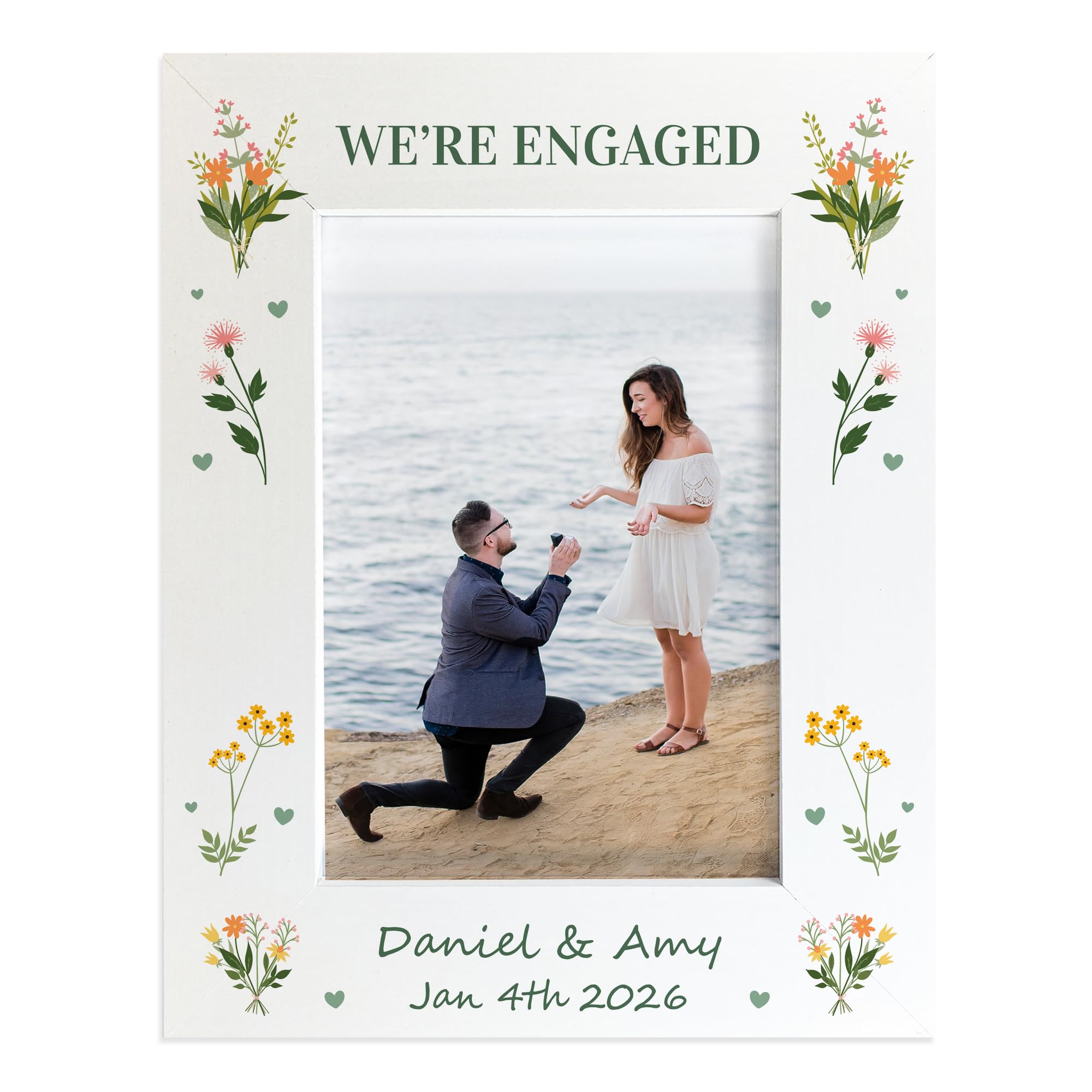 RED OCEAN Personalised Engagement Photo Frame 7x5 We're Engaged Floral Frame Custom Engagement Gift for Couple Proposal Picture Frame Newly Engaged Keepsake White Frame