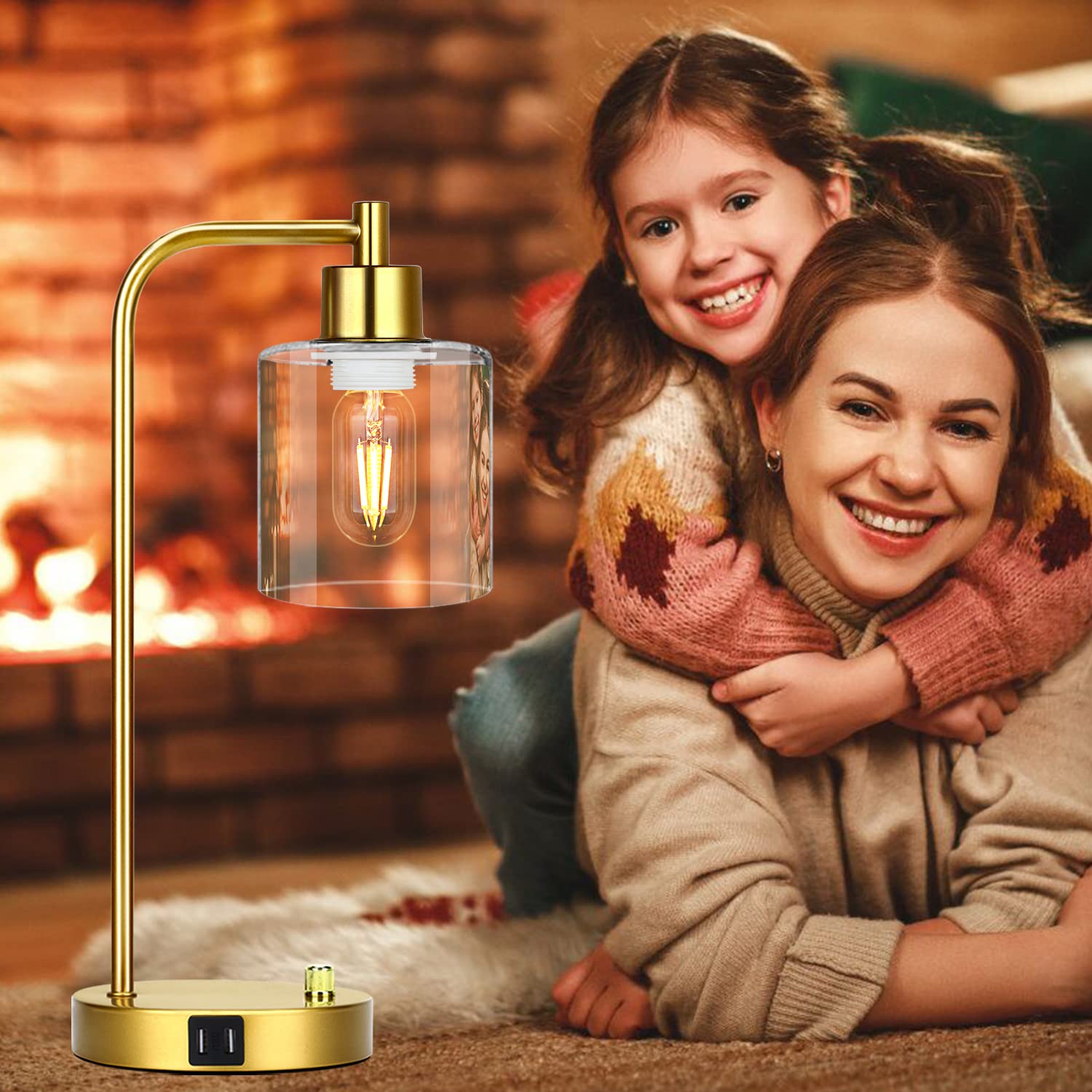 Gold Industrial Table Lamp with 2 USB Charging Ports, Fully Stepless Dimmable Modern Nightstand Lamp, Glass Shade Bedside Desk Lamp for Bedroom Living Room Office, 6W 2700K LED Edison Bulb Included