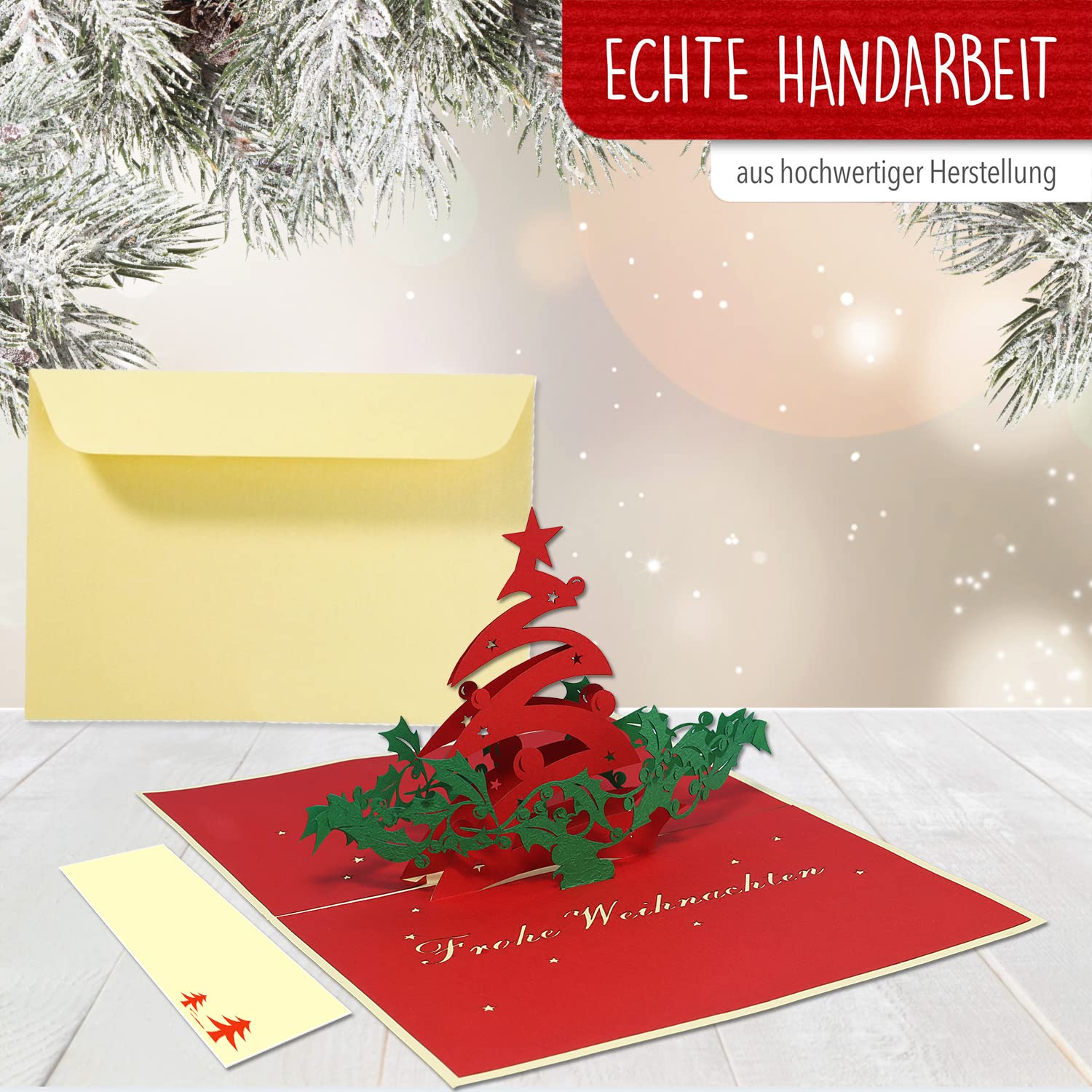 LIN Biglietto Di Natale 3D Pop-up 11,5x17 Cm - Albero E Babbo Natale - Fatto A Mano In Carta Giapponese - Con Busta