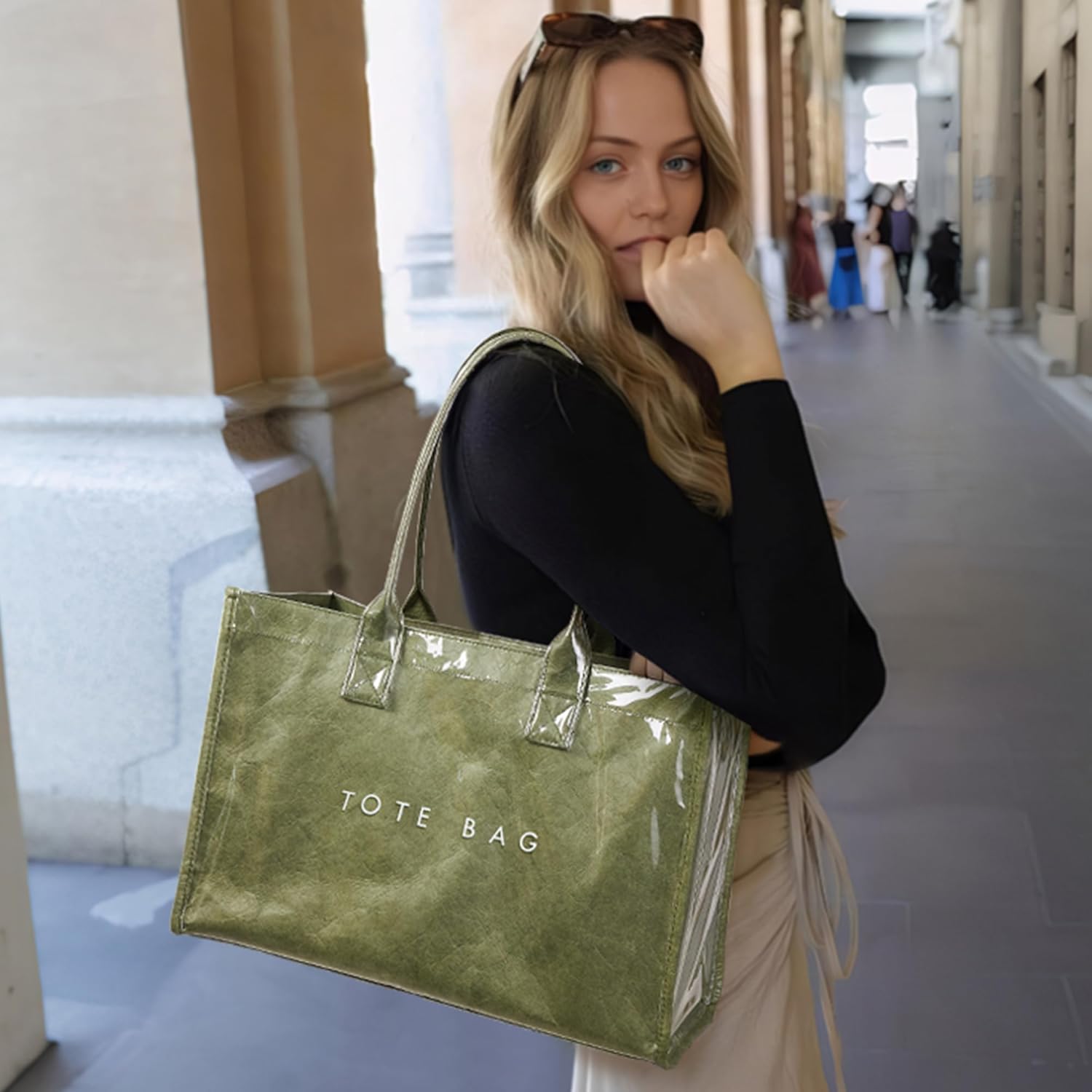 KALIDI PVC Tote Bag Women’s Kraft Paper Work Handbags Purses with Top Handle - Image 2