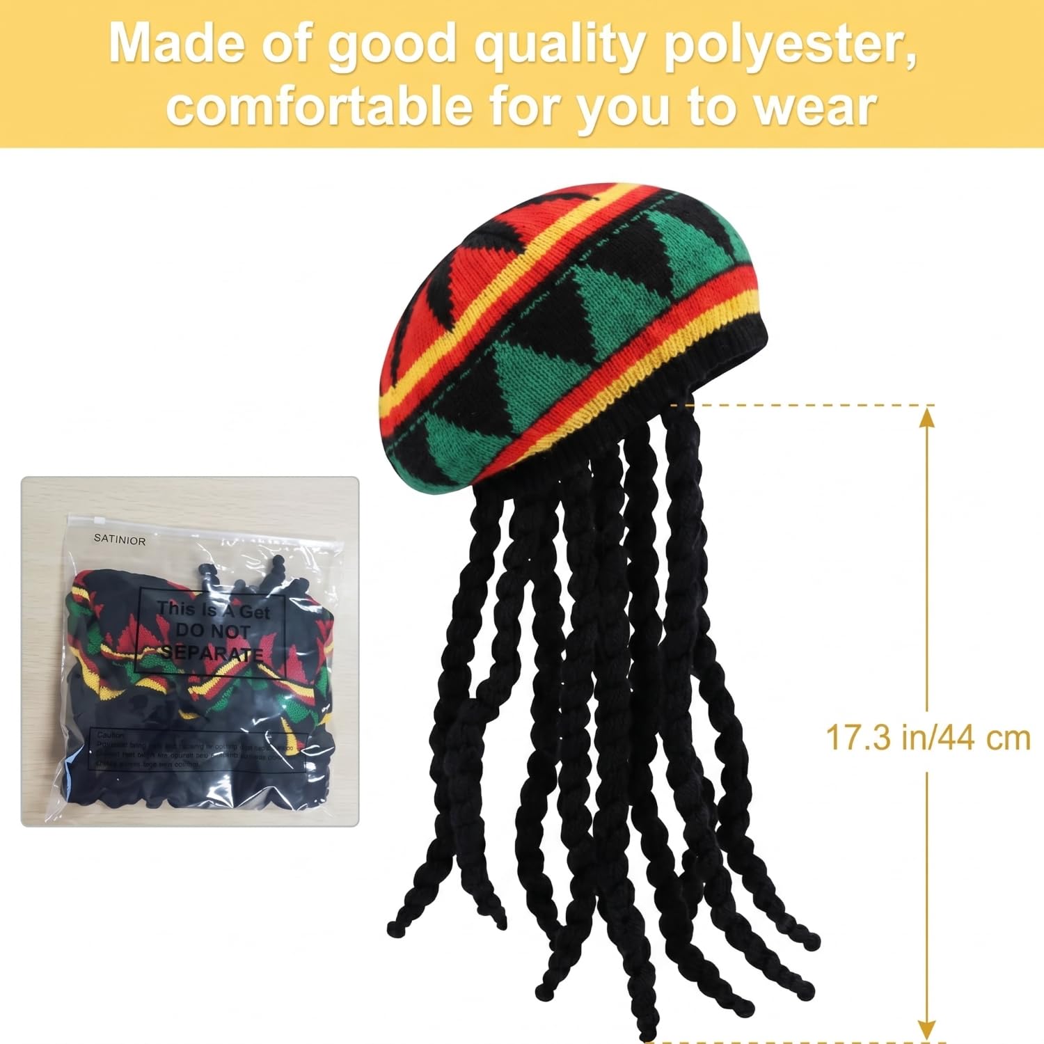 SATINIOR 3 Paquet Bonnets Rasta avec Perruque Noire Perruque Rasta avec Bonnet pour Accessoire de Costume