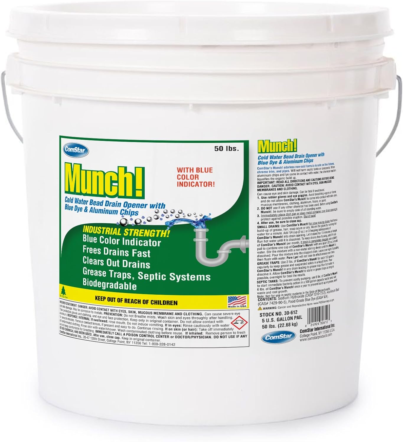 ComStar Munch, 50 Pound, Industrial-Strength Cold-Water Activated Bead Drain Opener, Clear Clogged & Slow Drains, Grease Traps, Septic Systems, Made in USA (30-612)